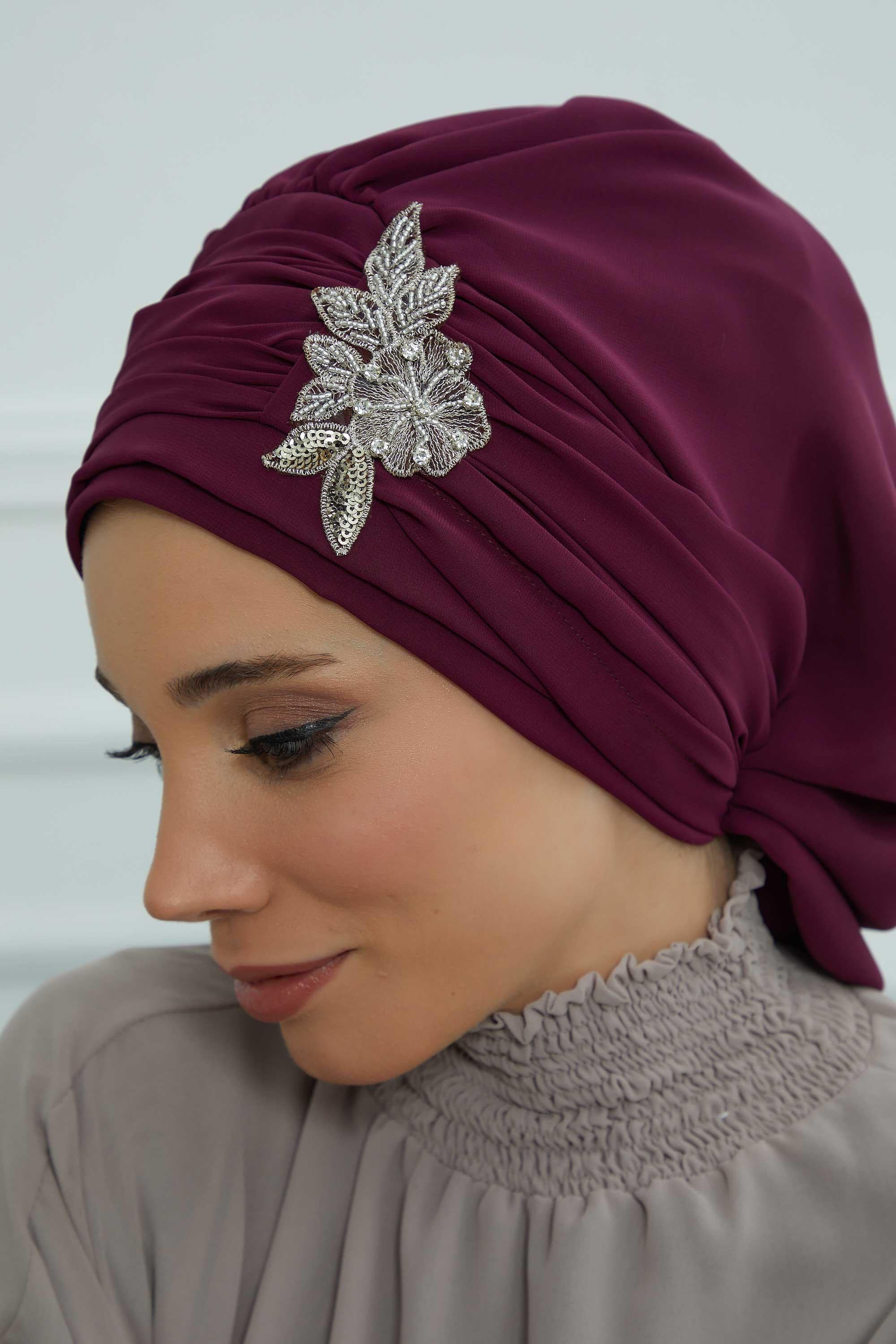 Side Frilled Instant Turban Chiffon Scarf Head Turbans with Unique Jewellery Stone Accessory For Women Headwear Stylish Design,HT-105