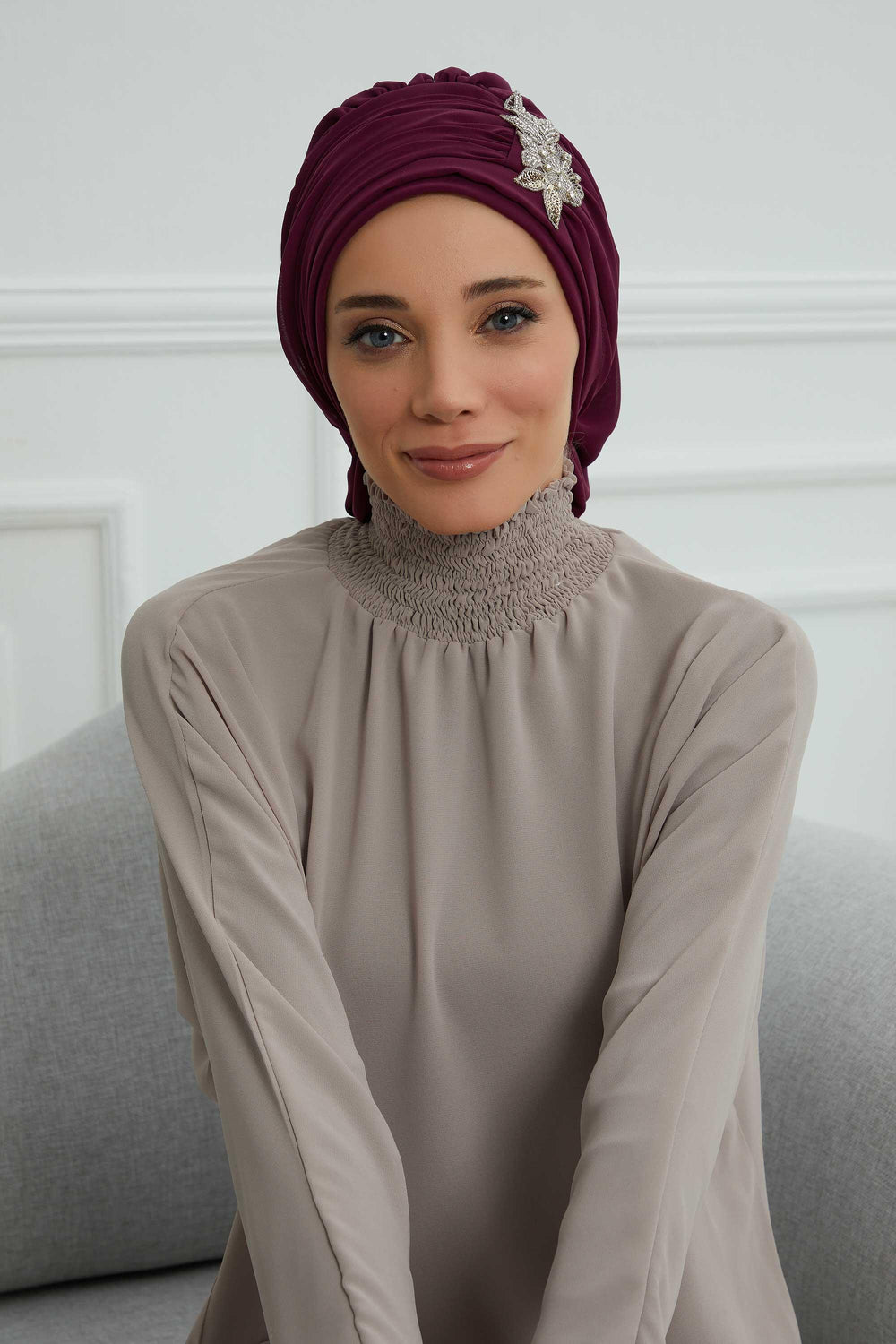 Side Frilled Instant Turban Chiffon Scarf Head Turbans with Unique Jewellery Stone Accessory For Women Headwear Stylish Design,HT-105