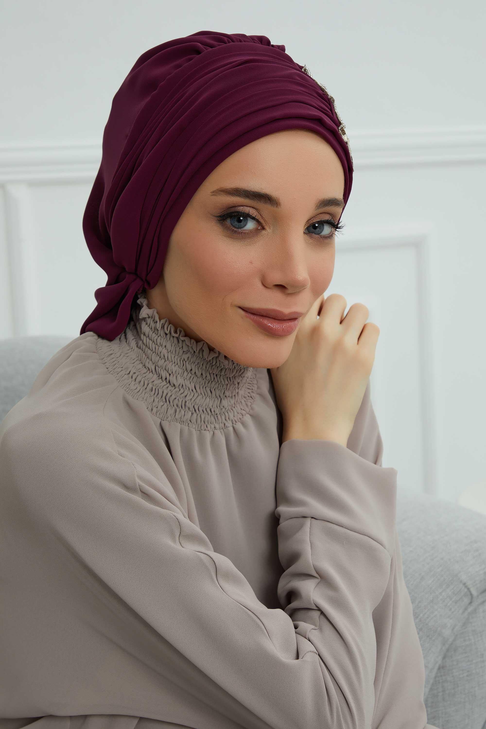 Side Frilled Instant Turban Chiffon Scarf Head Turbans with Unique Jewellery Stone Accessory For Women Headwear Stylish Design,HT-105