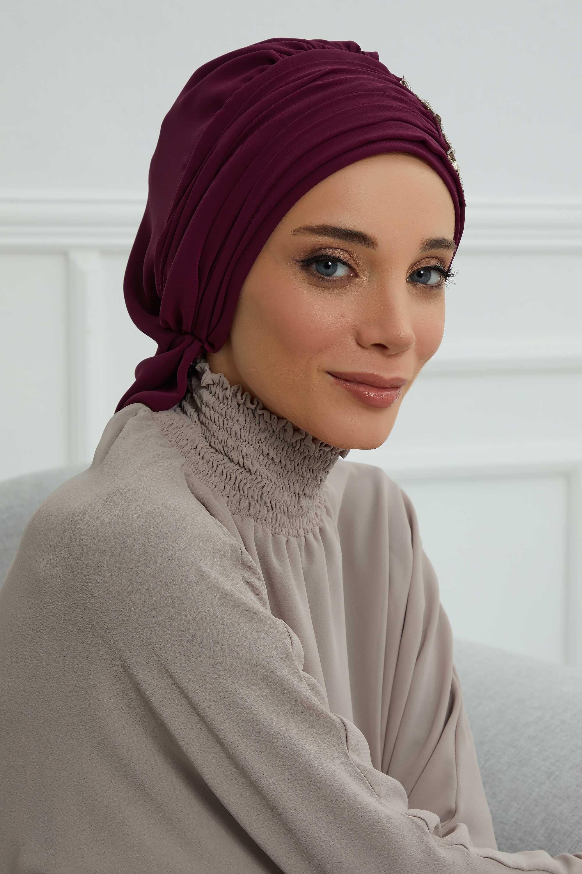 Side Frilled Instant Turban Chiffon Scarf Head Turbans with Unique Jewellery Stone Accessory For Women Headwear Stylish Design,HT-105