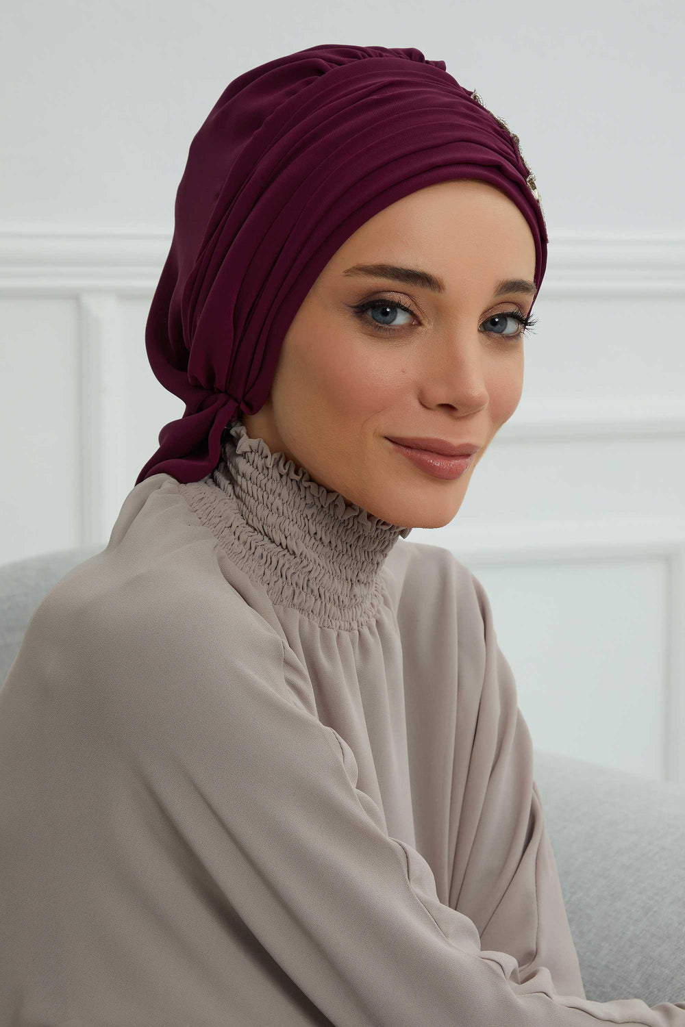 Side Frilled Instant Turban Chiffon Scarf Head Turbans with Unique Jewellery Stone Accessory For Women Headwear Stylish Design,HT-105