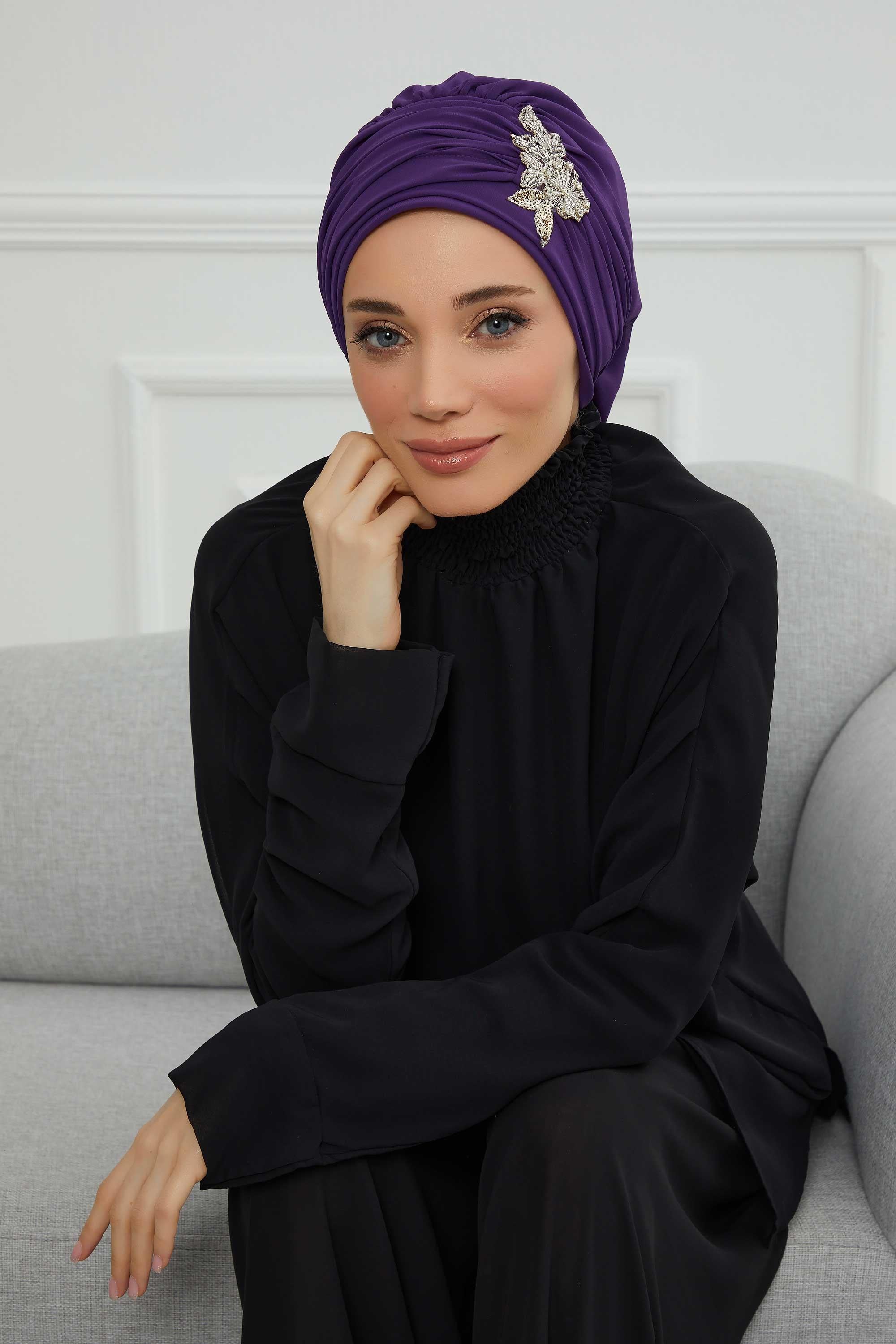 Side Frilled Instant Turban Chiffon Scarf Head Turbans with Unique Jewellery Stone Accessory For Women Headwear Stylish Design,HT-105 Purple