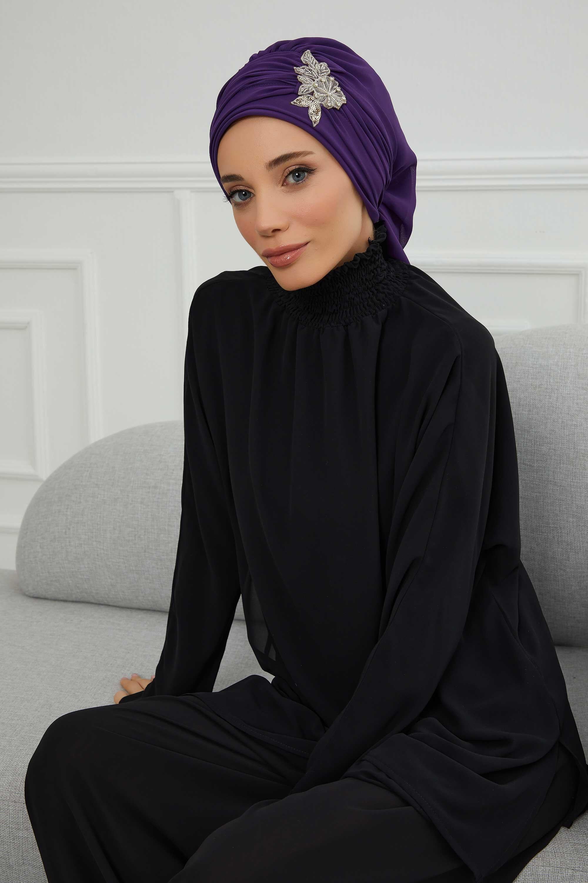 Side Frilled Instant Turban Chiffon Scarf Head Turbans with Unique Jewellery Stone Accessory For Women Headwear Stylish Design,HT-105
