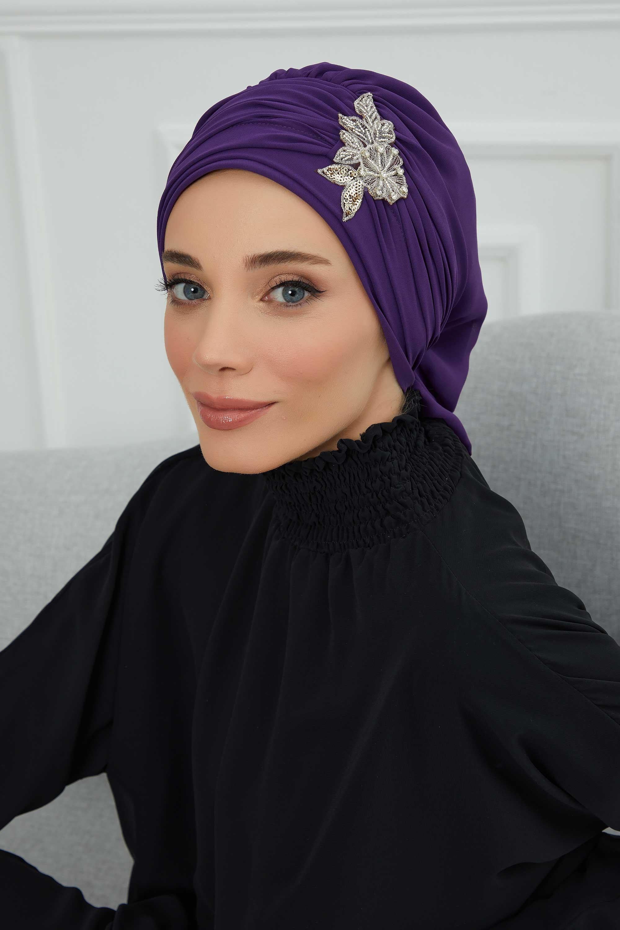Side Frilled Instant Turban Chiffon Scarf Head Turbans with Unique Jewellery Stone Accessory For Women Headwear Stylish Design,HT-105