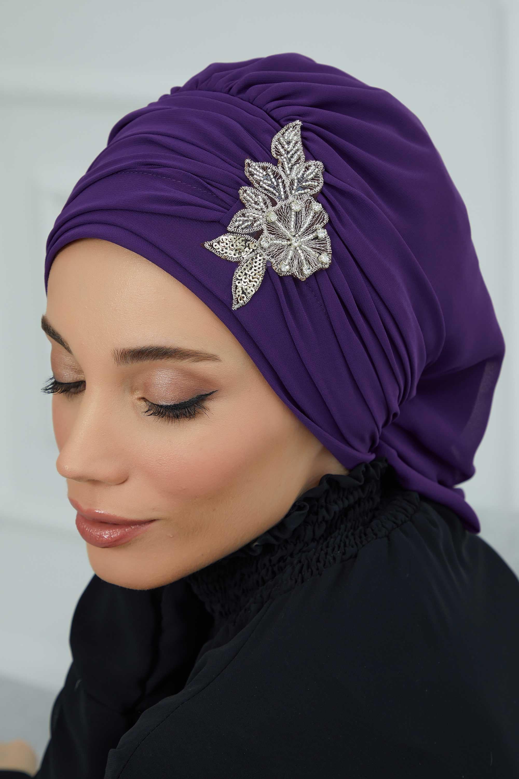 Side Frilled Instant Turban Chiffon Scarf Head Turbans with Unique Jewellery Stone Accessory For Women Headwear Stylish Design,HT-105