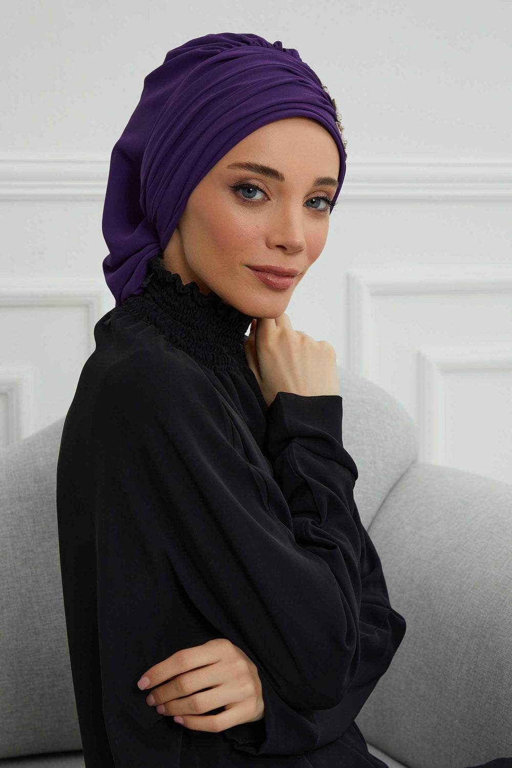Side Frilled Instant Turban Chiffon Scarf Head Turbans with Unique Jewellery Stone Accessory For Women Headwear Stylish Design,HT-105