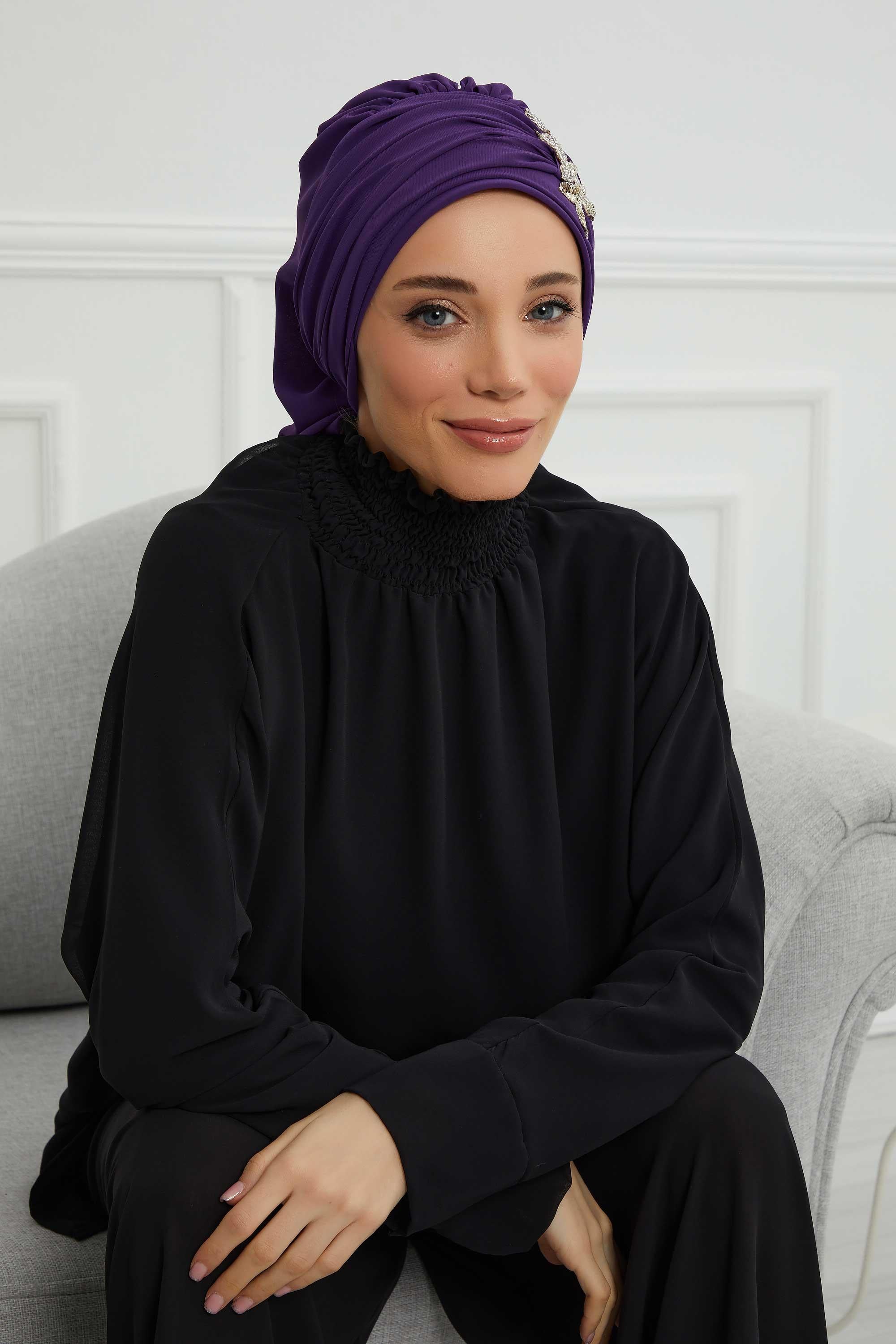 Side Frilled Instant Turban Chiffon Scarf Head Turbans with Unique Jewellery Stone Accessory For Women Headwear Stylish Design,HT-105
