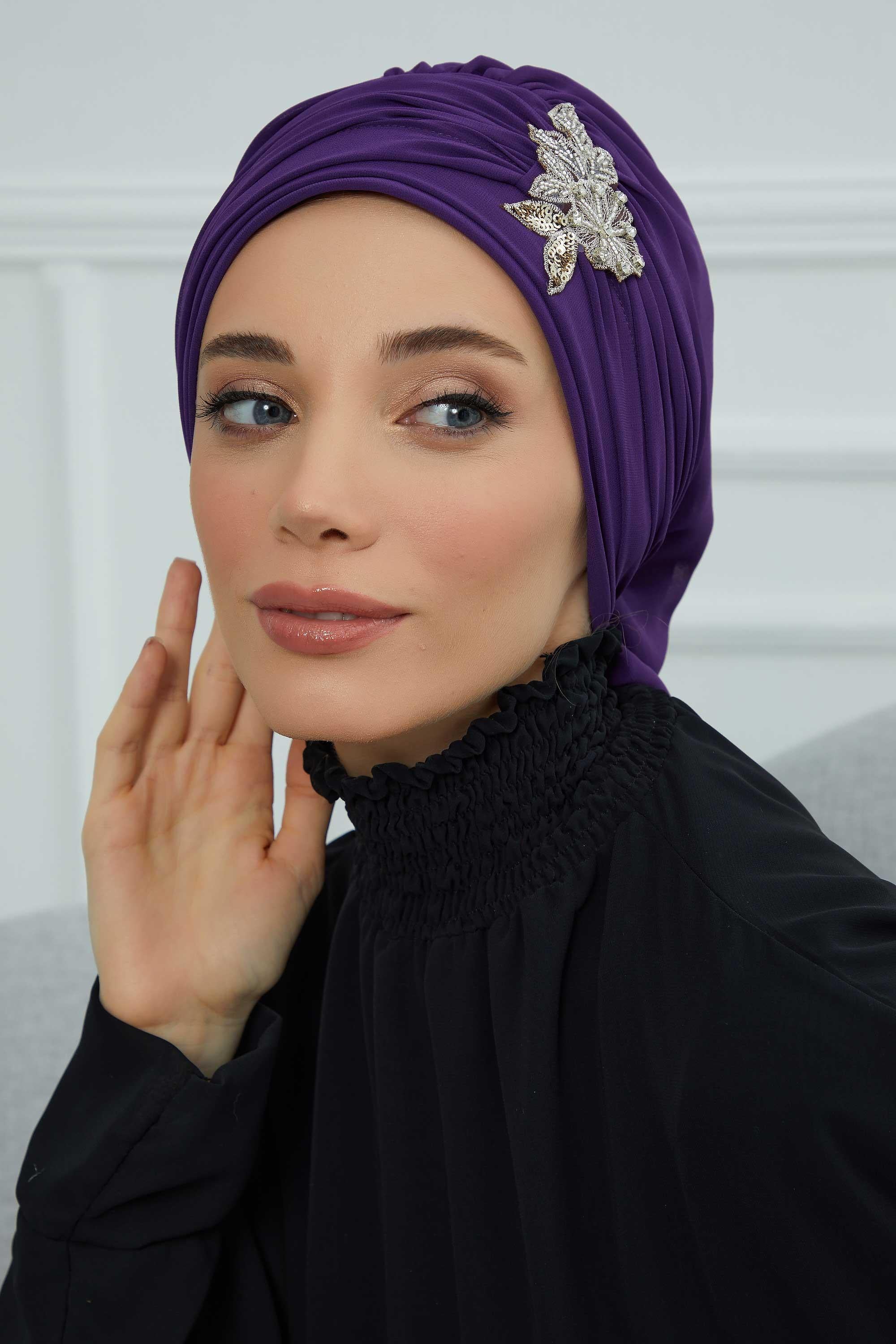 Side Frilled Instant Turban Chiffon Scarf Head Turbans with Unique Jewellery Stone Accessory For Women Headwear Stylish Design,HT-105