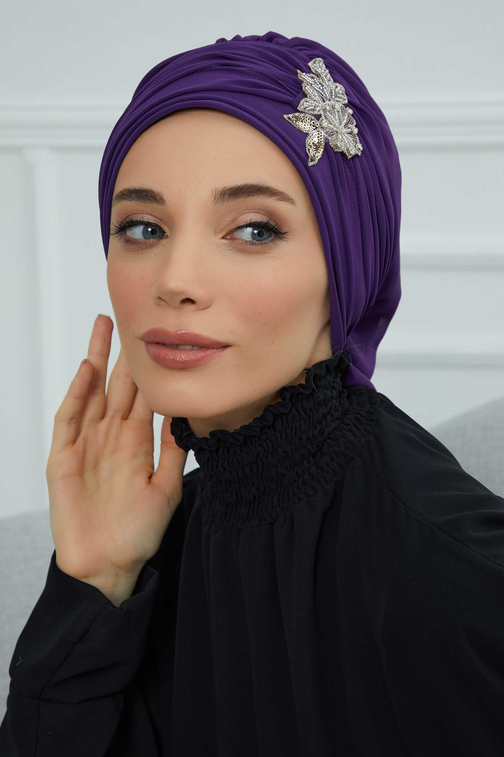 Side Frilled Instant Turban Chiffon Scarf Head Turbans with Unique Jewellery Stone Accessory For Women Headwear Stylish Design,HT-105
