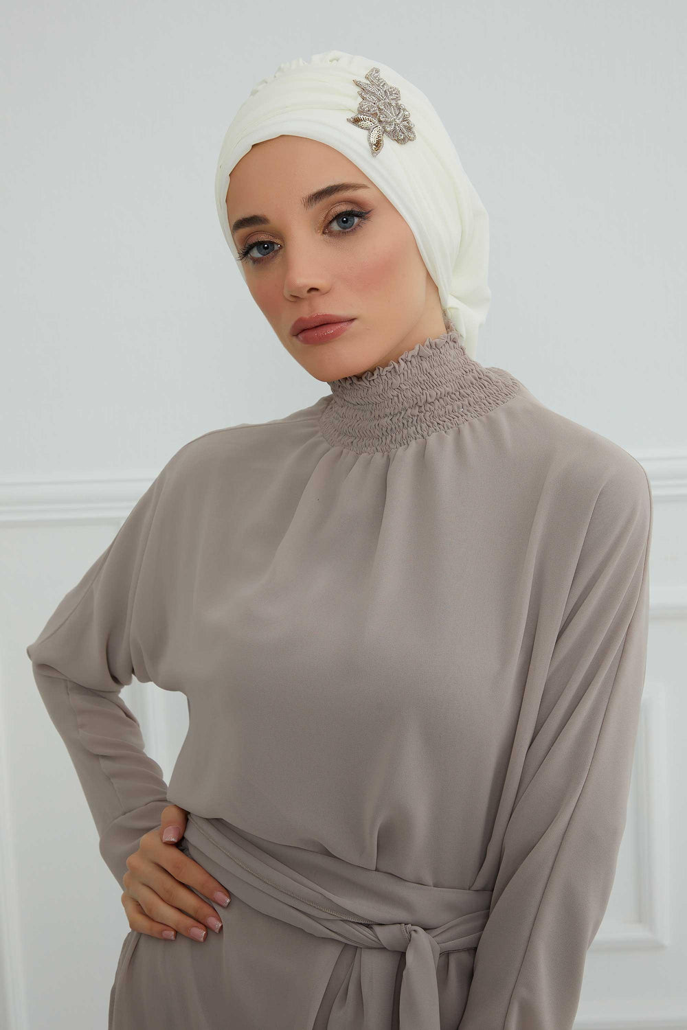 Side Frilled Instant Turban Chiffon Scarf Head Turbans with Unique Jewellery Stone Accessory For Women Headwear Stylish Design,HT-105 Ivory