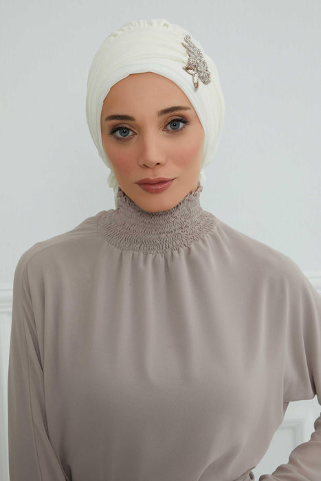 عمامة قطنية مزركشة على الجانب وشاح عمامة قطني مع إكسسوار حجري مجوهرات فريدة للنساء أغطية رأس بتصميم أنيق، HT-105