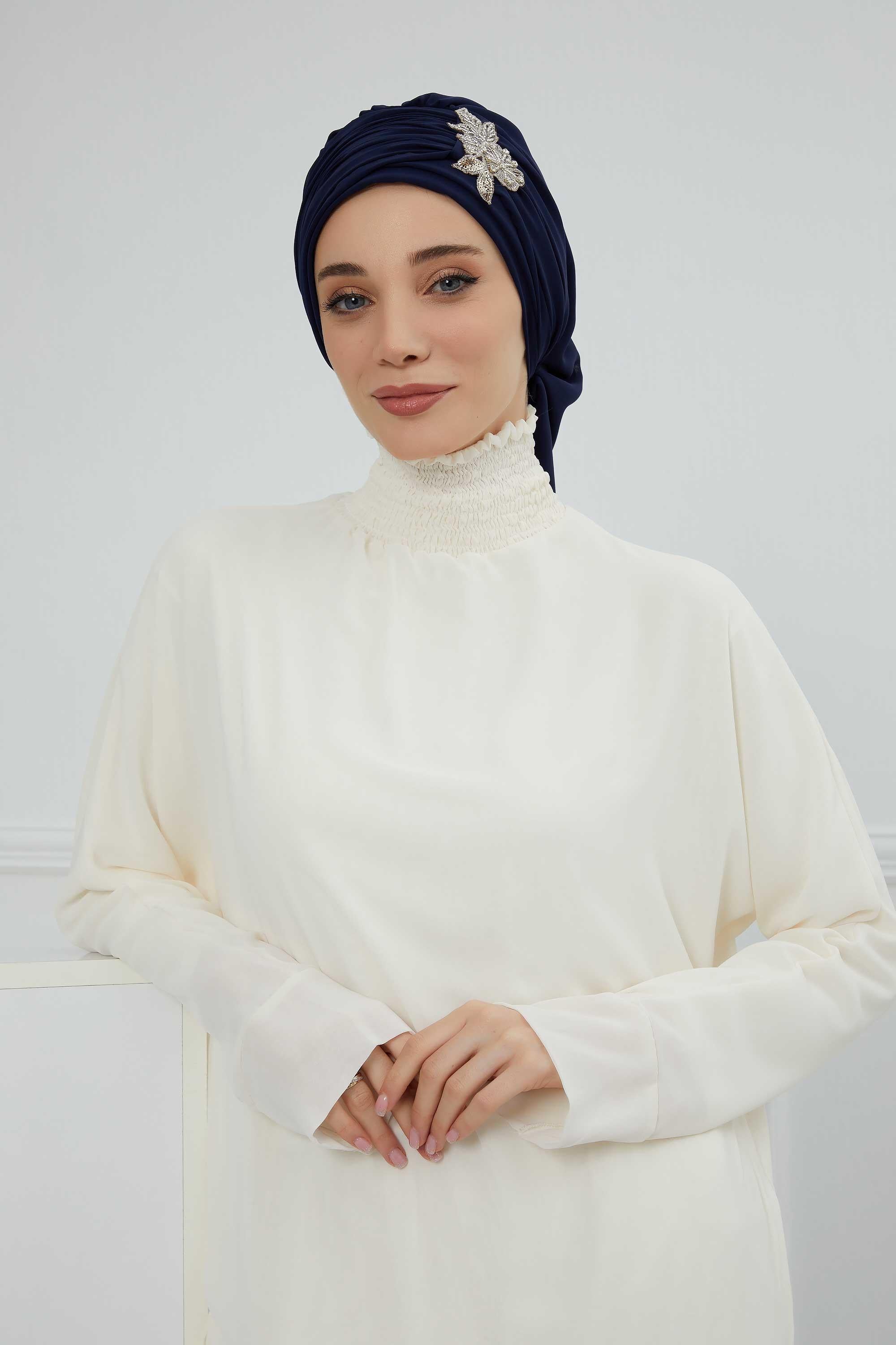 Side Frilled Instant Turban Chiffon Scarf Head Turbans with Unique Jewellery Stone Accessory For Women Headwear Stylish Design,HT-105 Navy Blue