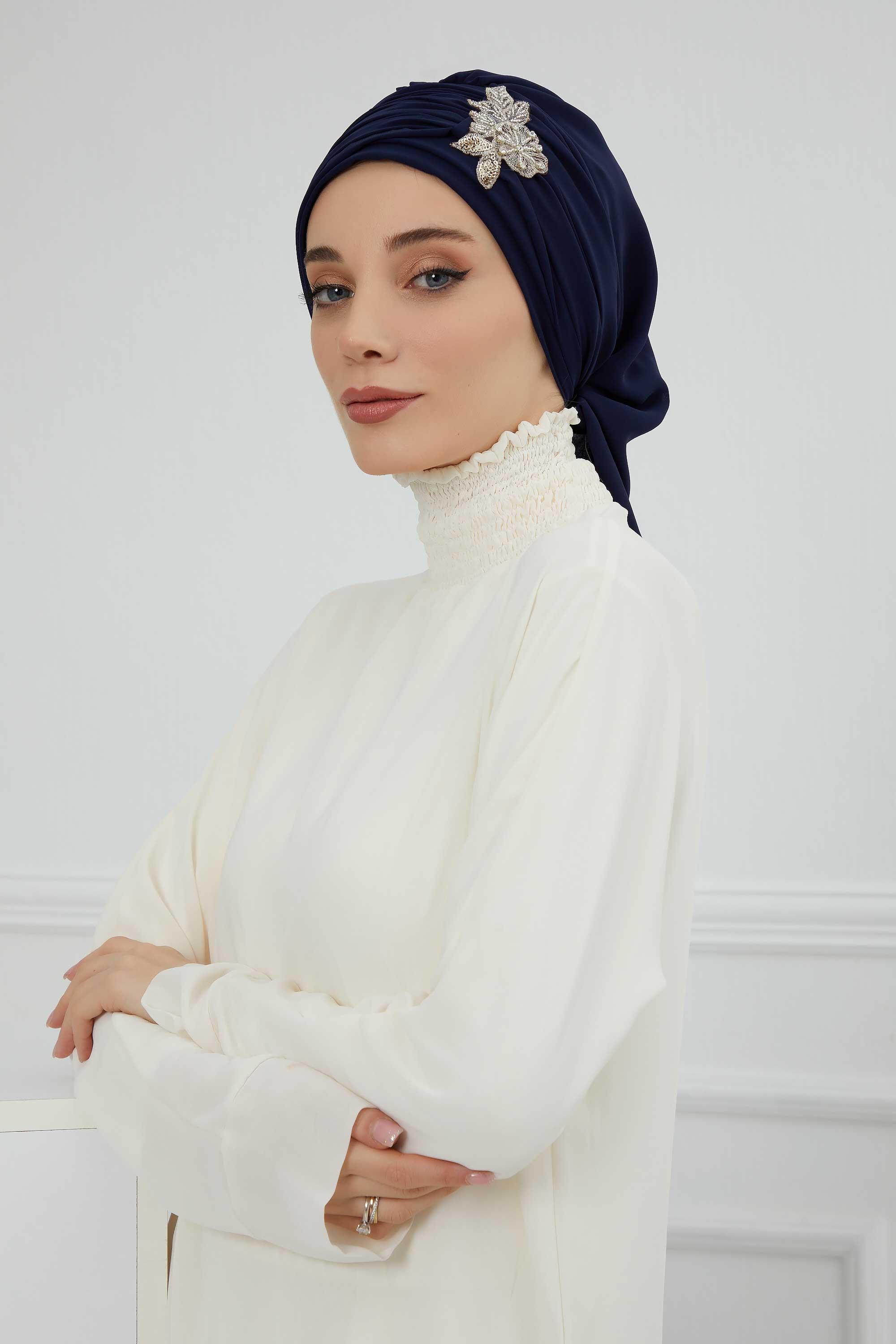 Side Frilled Instant Turban Chiffon Scarf Head Turbans with Unique Jewellery Stone Accessory For Women Headwear Stylish Design,HT-105