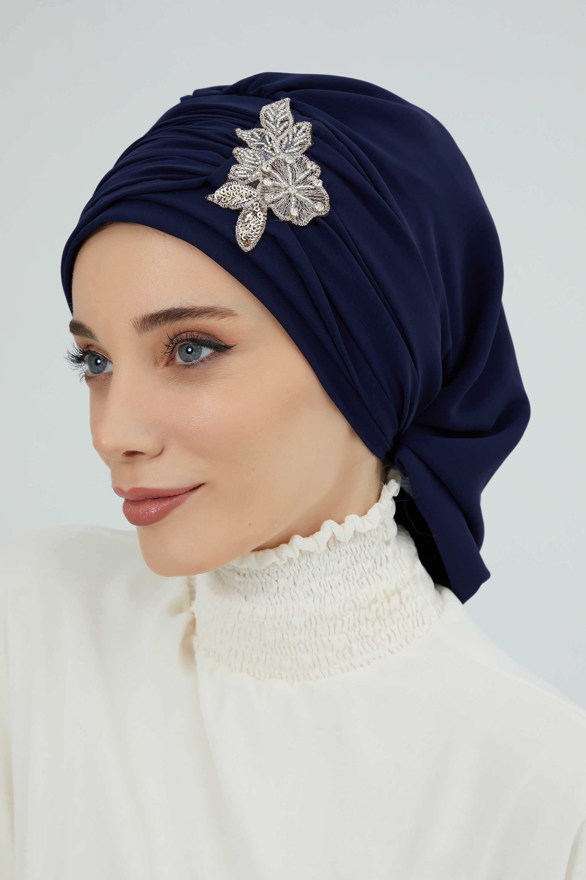 Side Frilled Instant Turban Chiffon Scarf Head Turbans with Unique Jewellery Stone Accessory For Women Headwear Stylish Design,HT-105