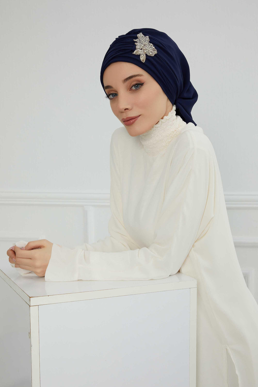 Side Frilled Instant Turban Chiffon Scarf Head Turbans with Unique Jewellery Stone Accessory For Women Headwear Stylish Design,HT-105