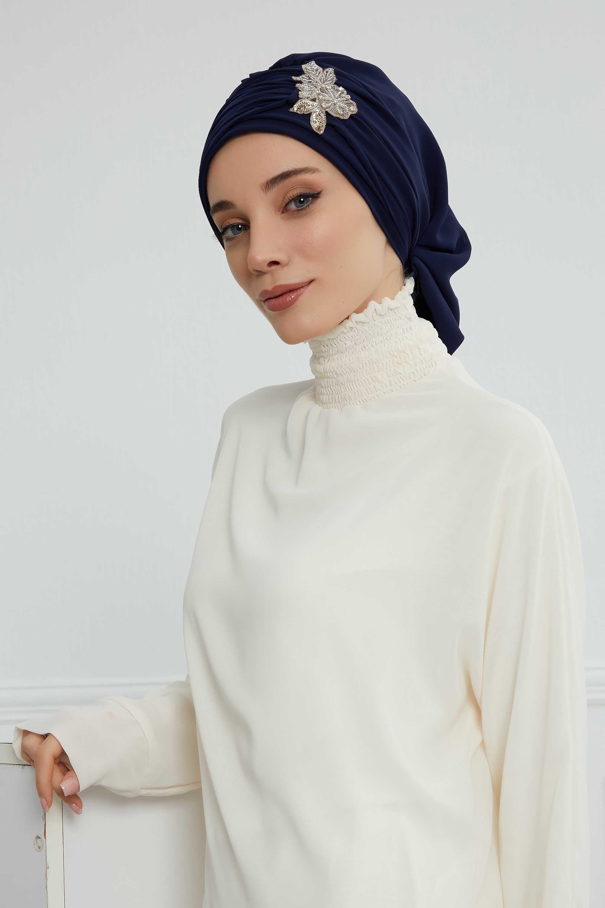 Side Frilled Instant Turban Chiffon Scarf Head Turbans with Unique Jewellery Stone Accessory For Women Headwear Stylish Design,HT-105