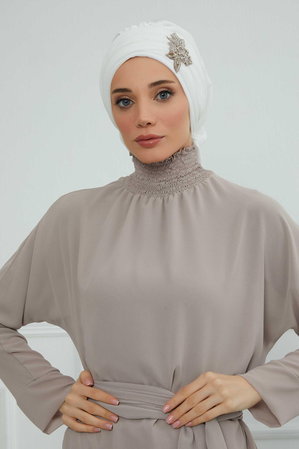 Side Frilled Instant Turban Chiffon Scarf Head Turbans with Unique Jewellery Stone Accessory For Women Headwear Stylish Design,HT-105 Off-White