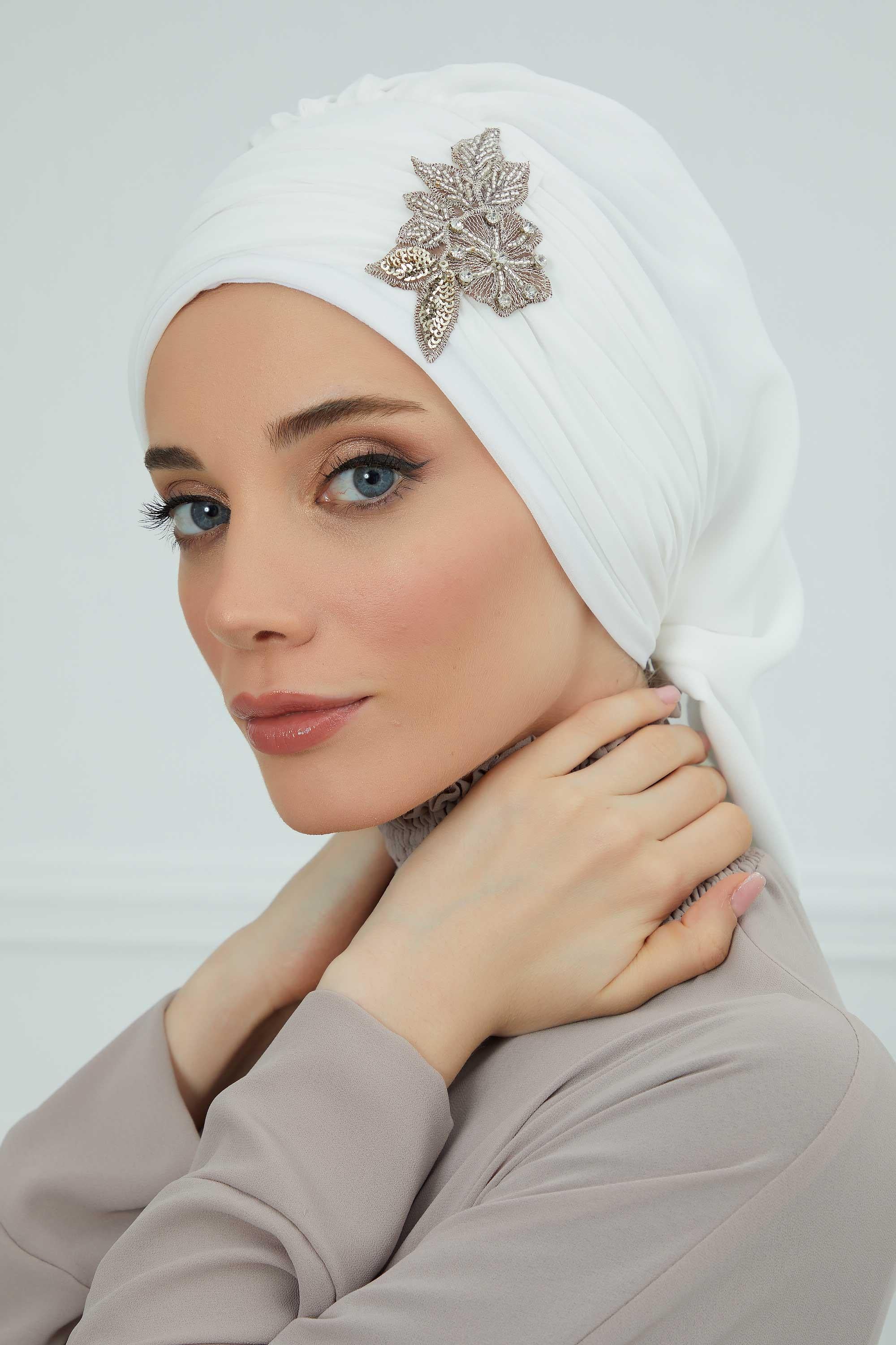 Side Frilled Instant Turban Chiffon Scarf Head Turbans with Unique Jewellery Stone Accessory For Women Headwear Stylish Design,HT-105