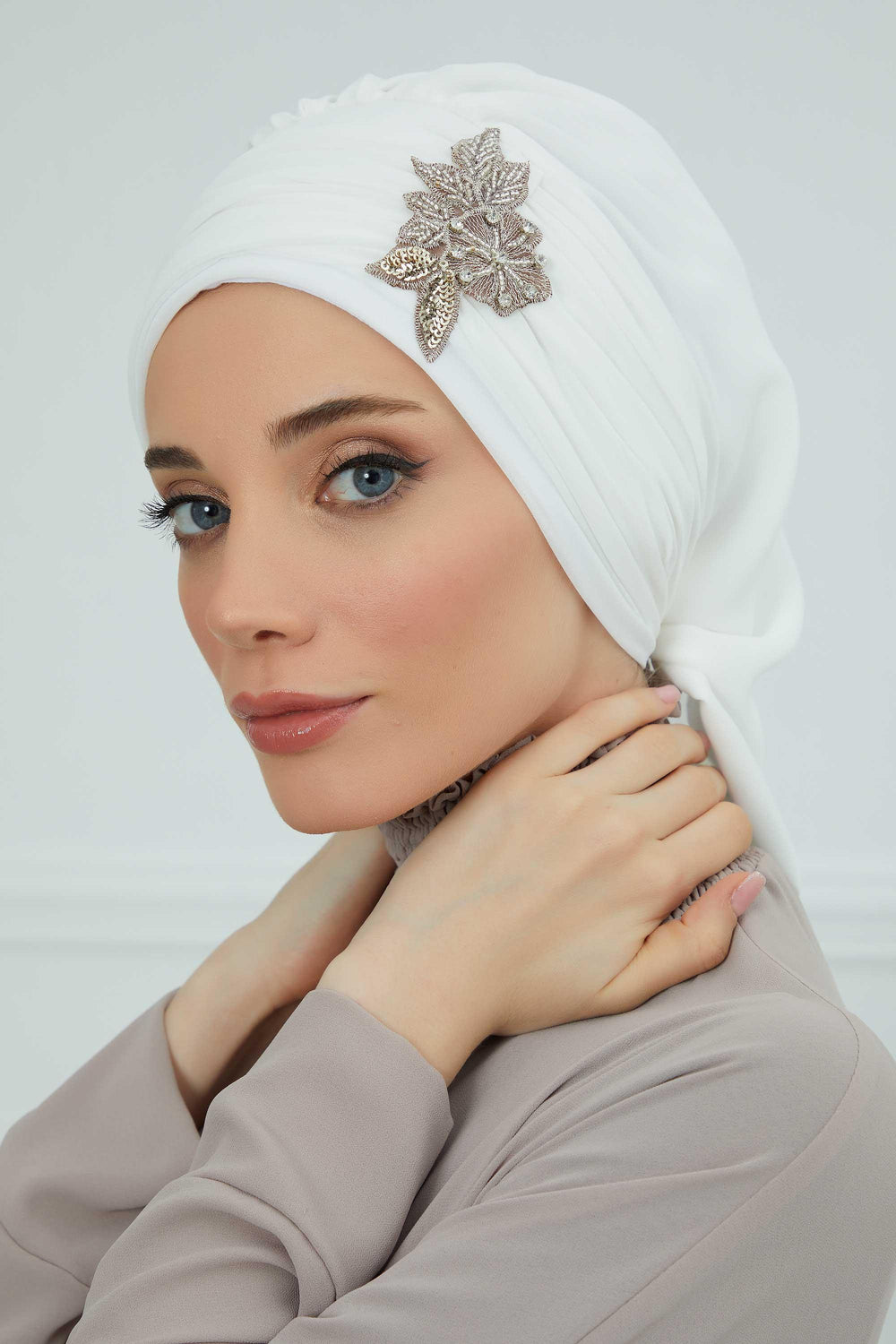 Side Frilled Instant Turban Chiffon Scarf Head Turbans with Unique Jewellery Stone Accessory For Women Headwear Stylish Design,HT-105
