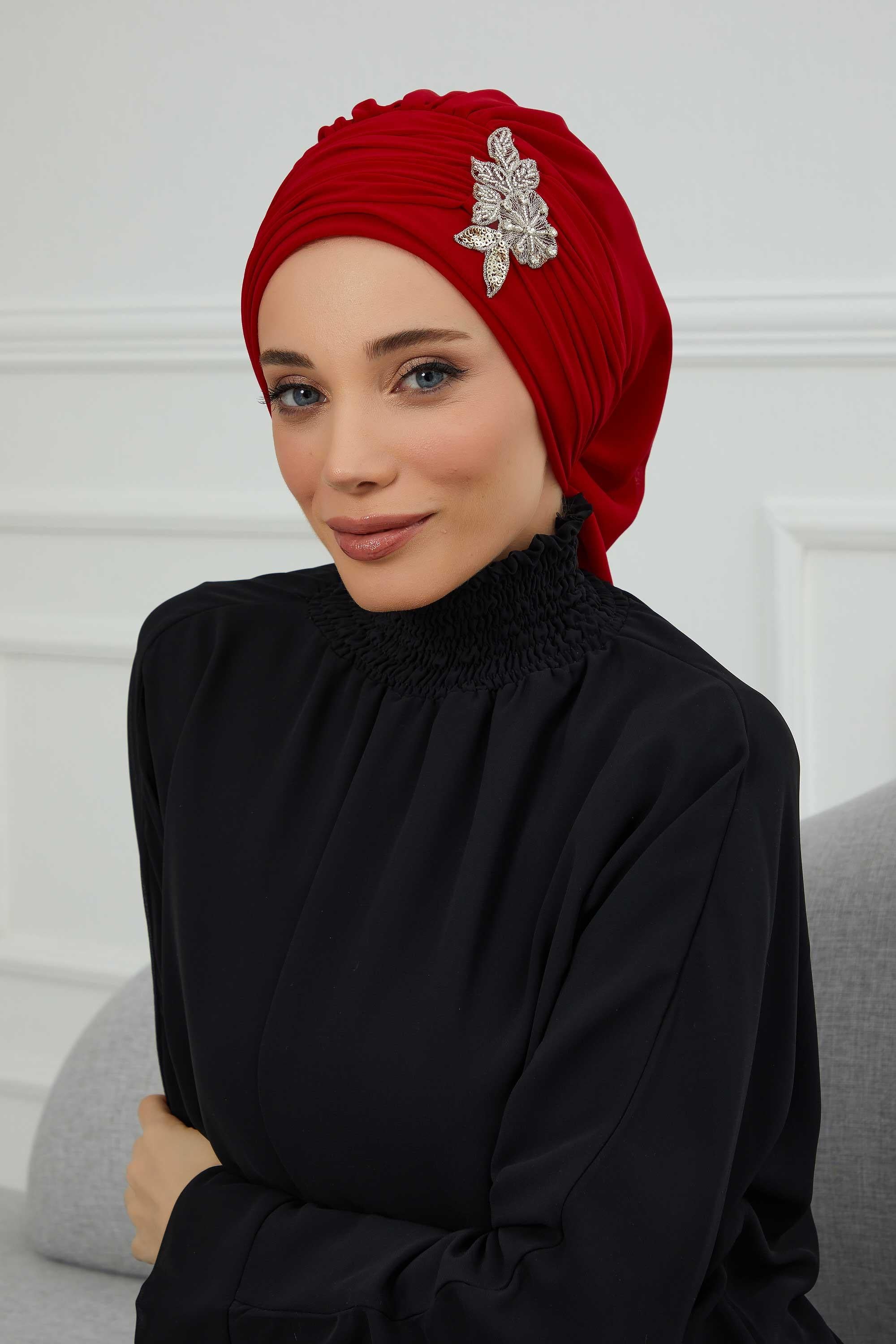 Side Frilled Instant Turban Chiffon Scarf Head Turbans with Unique Jewellery Stone Accessory For Women Headwear Stylish Design,HT-105 Red