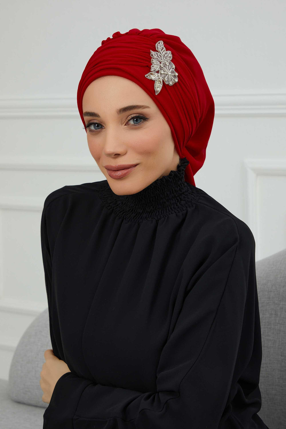 Side Frilled Instant Turban Chiffon Scarf Head Turbans with Unique Jewellery Stone Accessory For Women Headwear Stylish Design,HT-105 Red