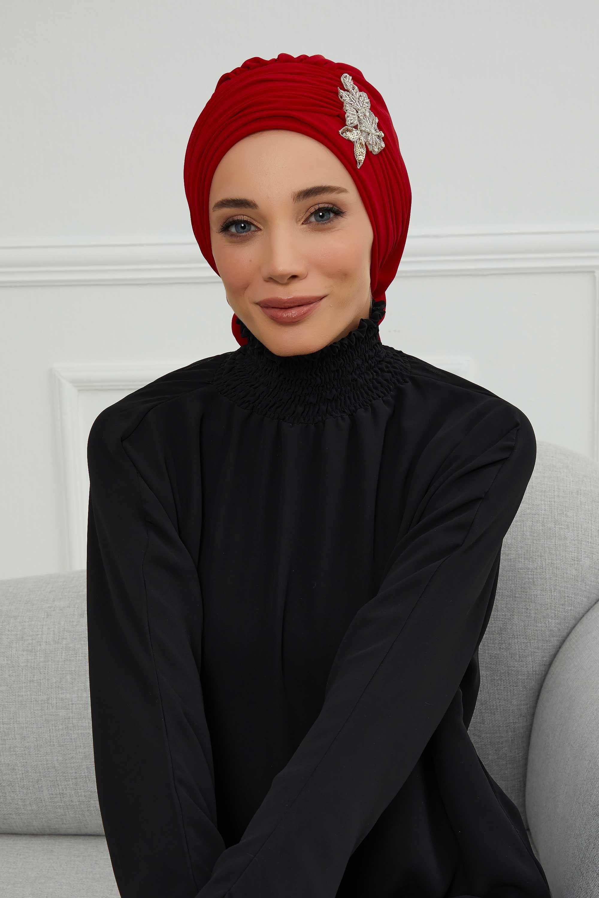 Side Frilled Instant Turban Chiffon Scarf Head Turbans with Unique Jewellery Stone Accessory For Women Headwear Stylish Design,HT-105