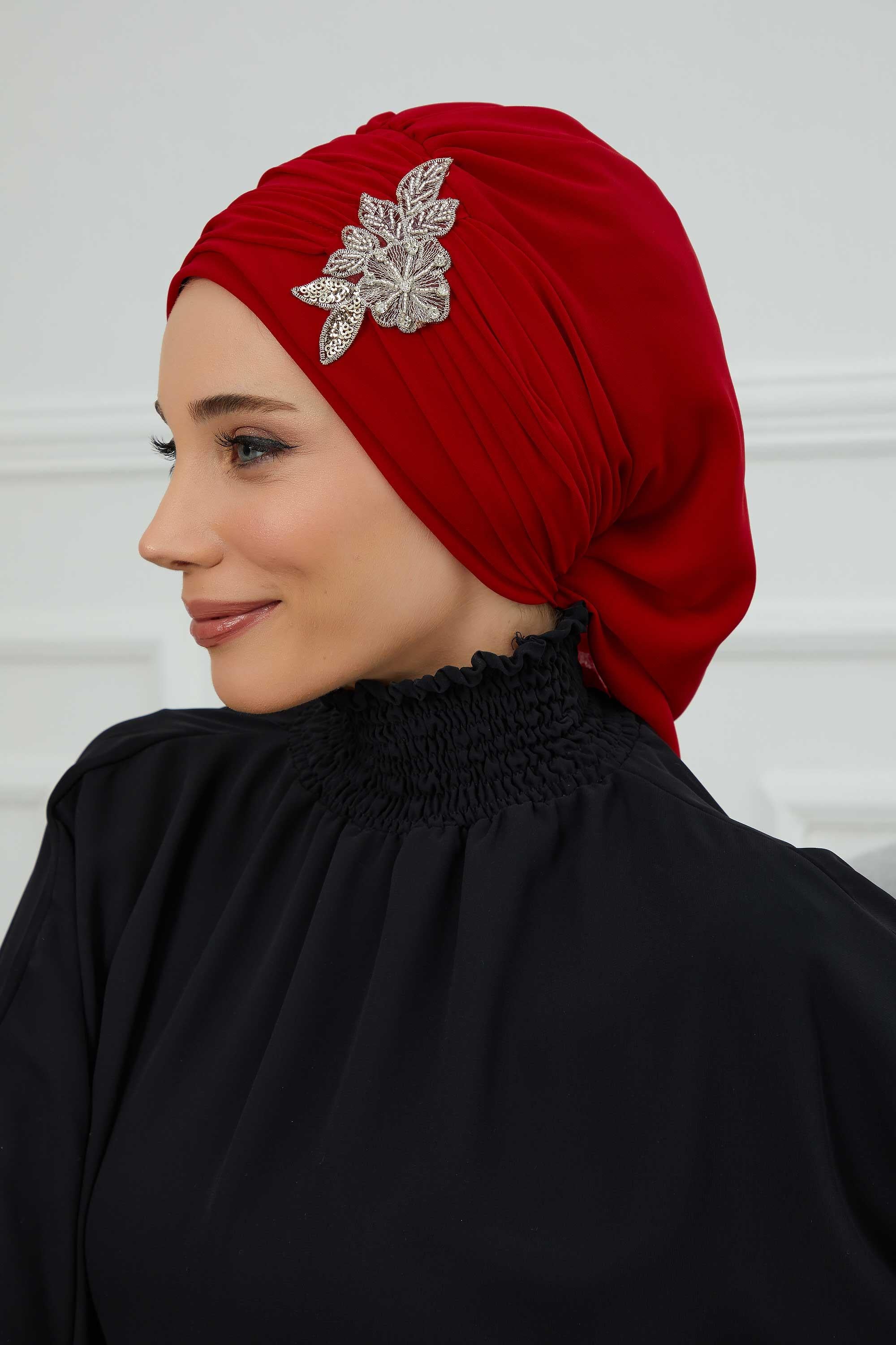 Side Frilled Instant Turban Chiffon Scarf Head Turbans with Unique Jewellery Stone Accessory For Women Headwear Stylish Design,HT-105
