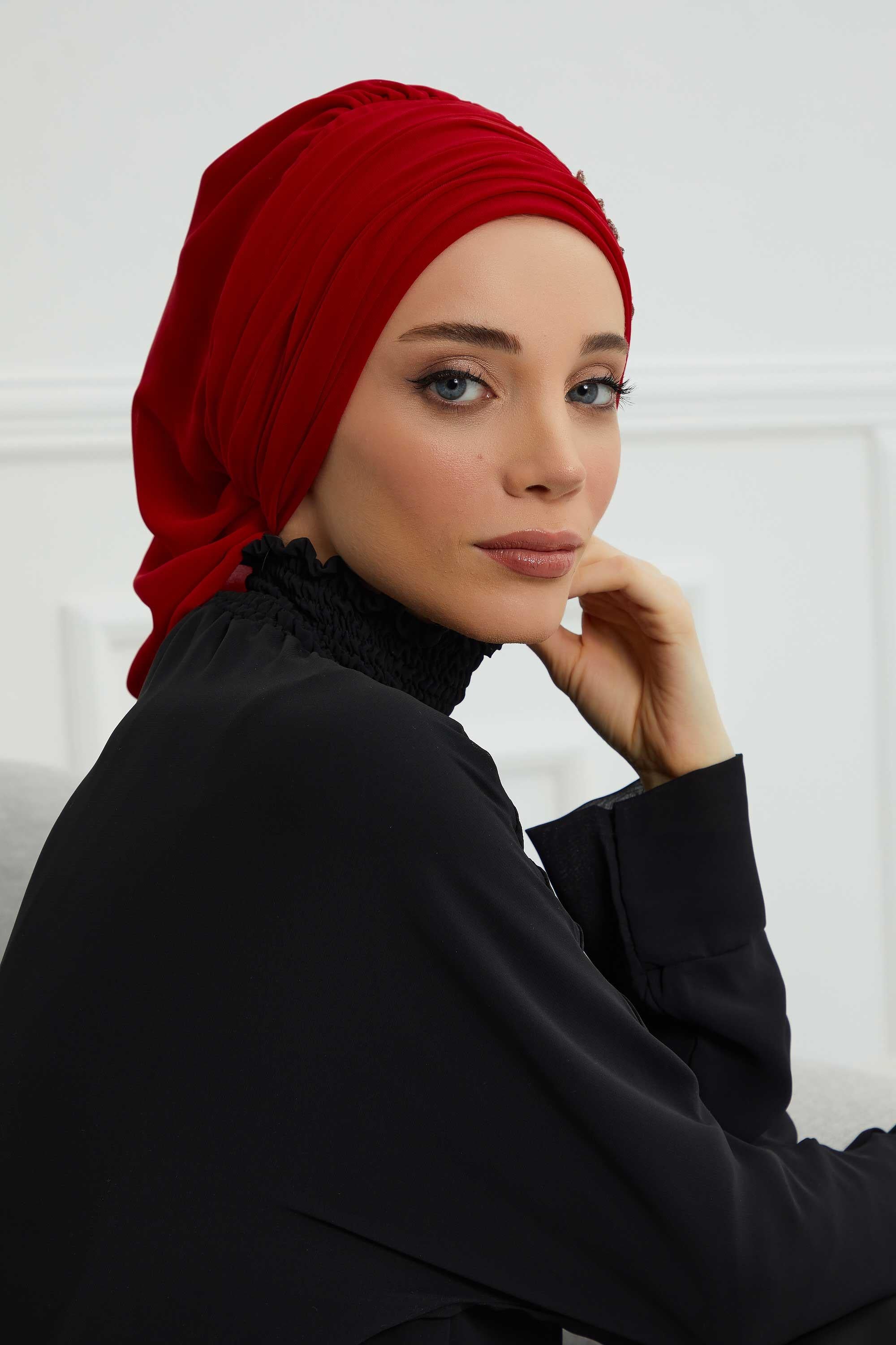 Side Frilled Instant Turban Chiffon Scarf Head Turbans with Unique Jewellery Stone Accessory For Women Headwear Stylish Design,HT-105