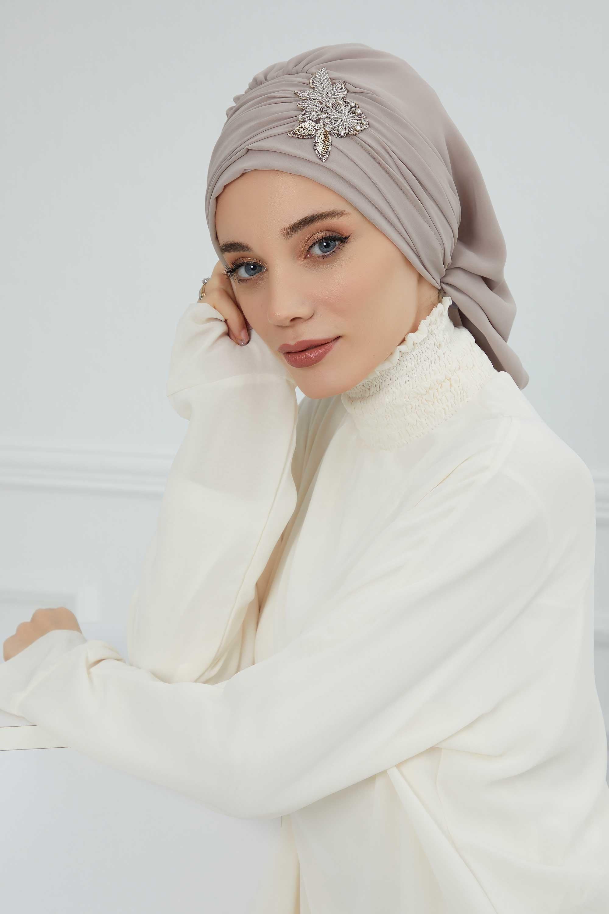 Side Frilled Instant Turban Chiffon Scarf Head Turbans with Unique Jewellery Stone Accessory For Women Headwear Stylish Design,HT-105 Mink