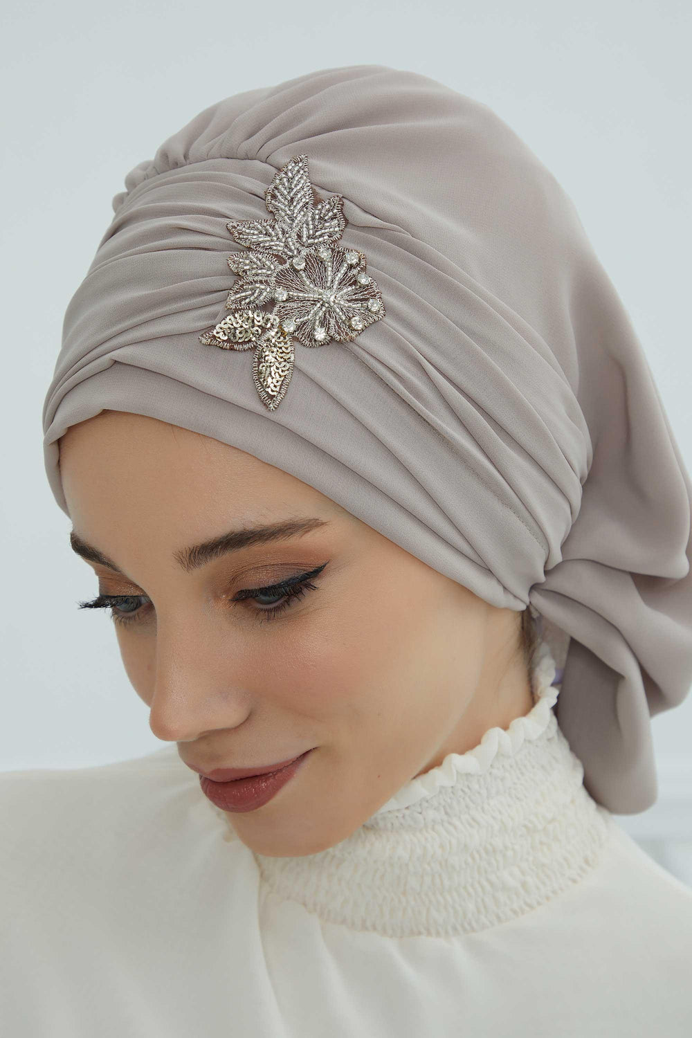 Side Frilled Instant Turban Chiffon Scarf Head Turbans with Unique Jewellery Stone Accessory For Women Headwear Stylish Design,HT-105