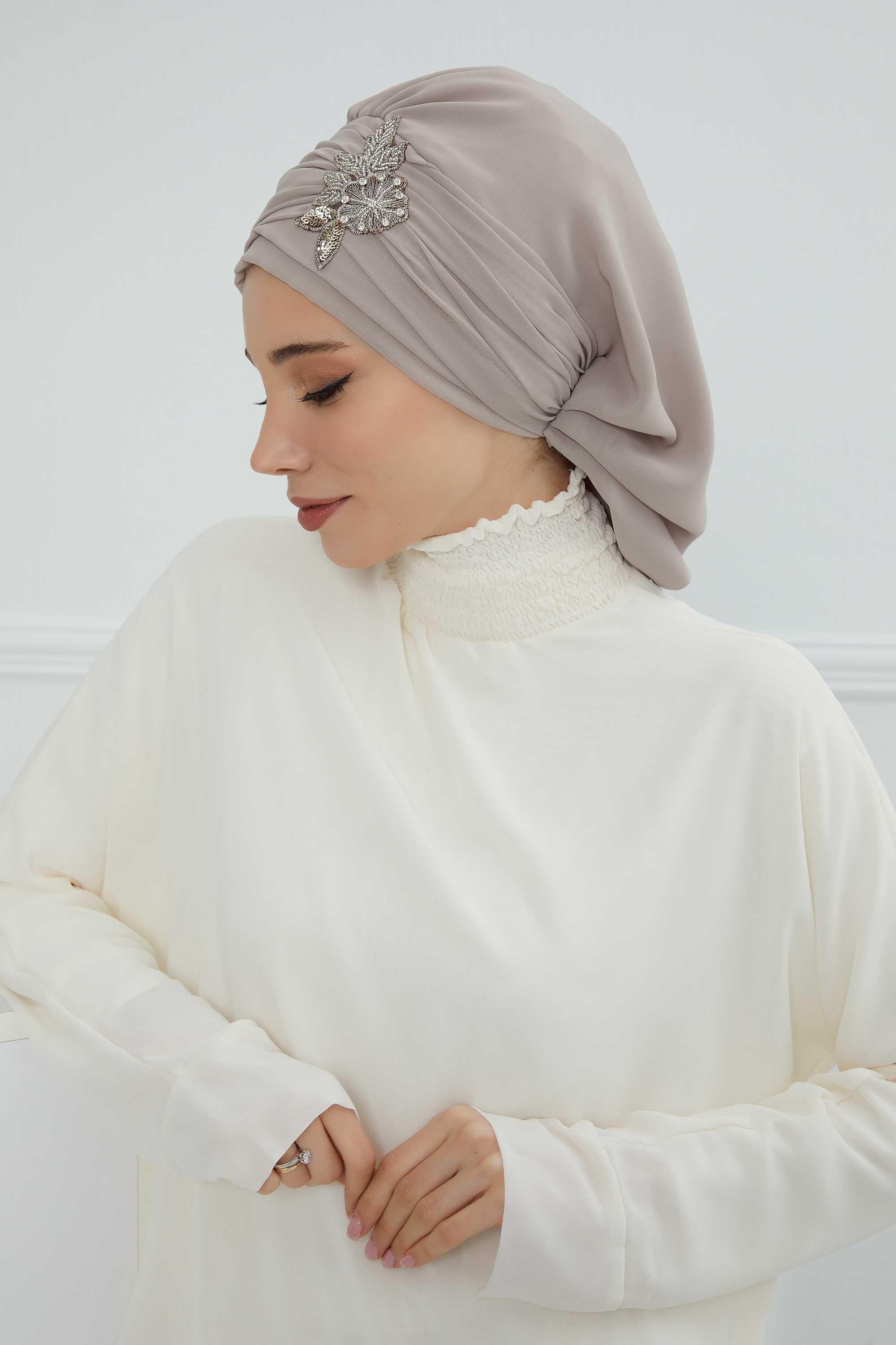 Side Frilled Instant Turban Chiffon Scarf Head Turbans with Unique Jewellery Stone Accessory For Women Headwear Stylish Design,HT-105