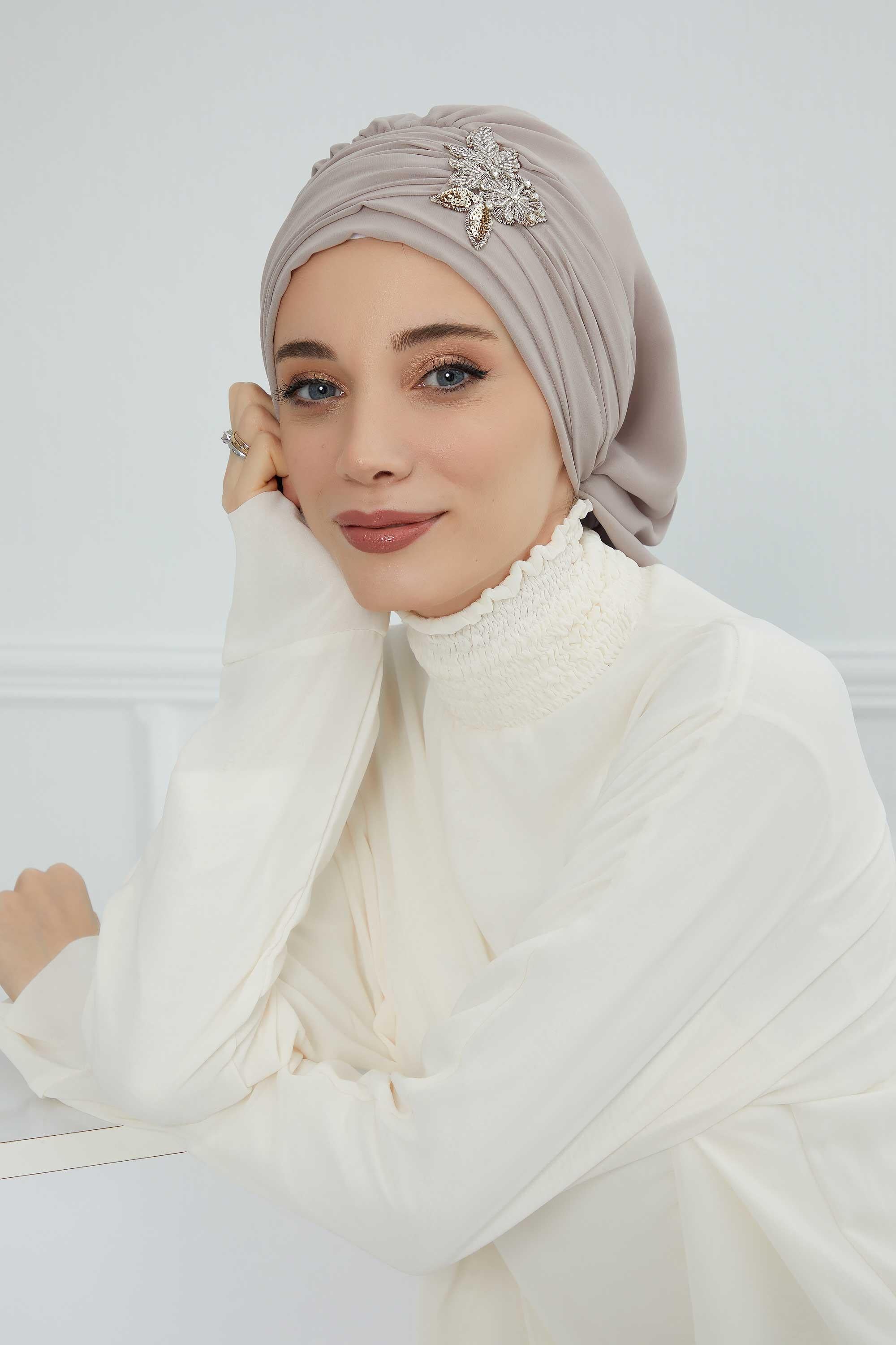 Side Frilled Instant Turban Chiffon Scarf Head Turbans with Unique Jewellery Stone Accessory For Women Headwear Stylish Design,HT-105