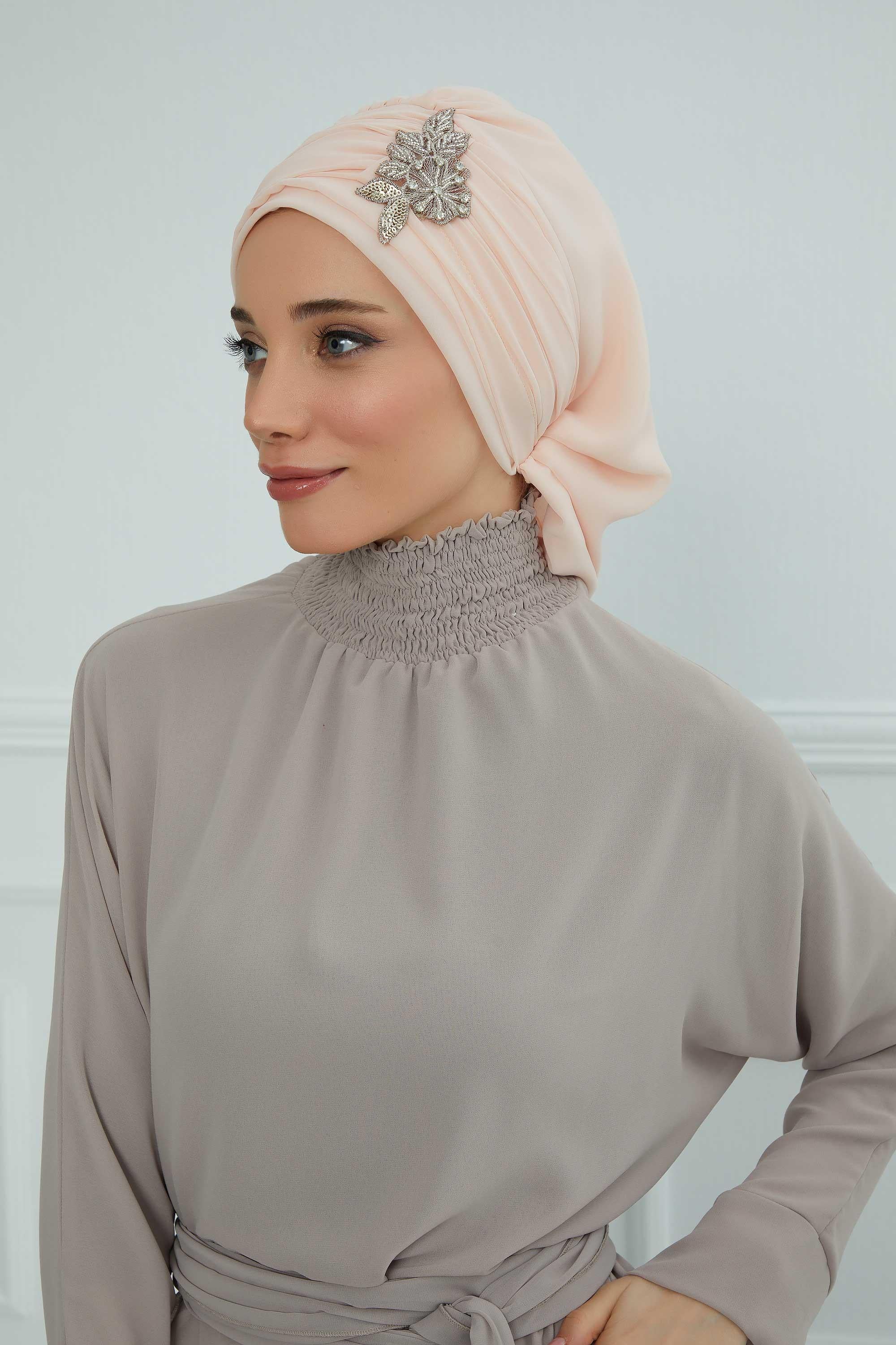 Side Frilled Instant Turban Chiffon Scarf Head Turbans with Unique Jewellery Stone Accessory For Women Headwear Stylish Design,HT-105 Beige