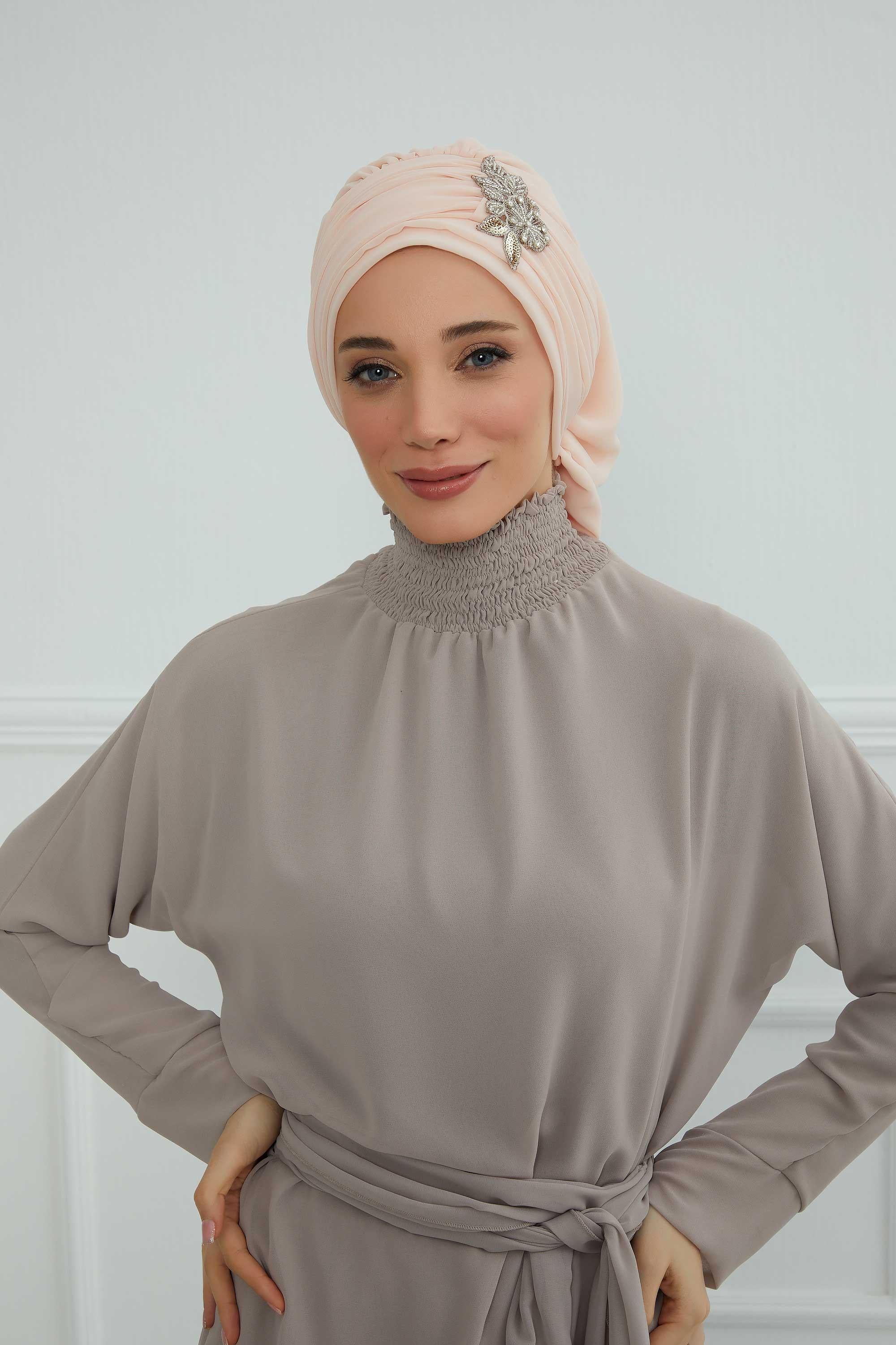 Side Frilled Instant Turban Chiffon Scarf Head Turbans with Unique Jewellery Stone Accessory For Women Headwear Stylish Design,HT-105