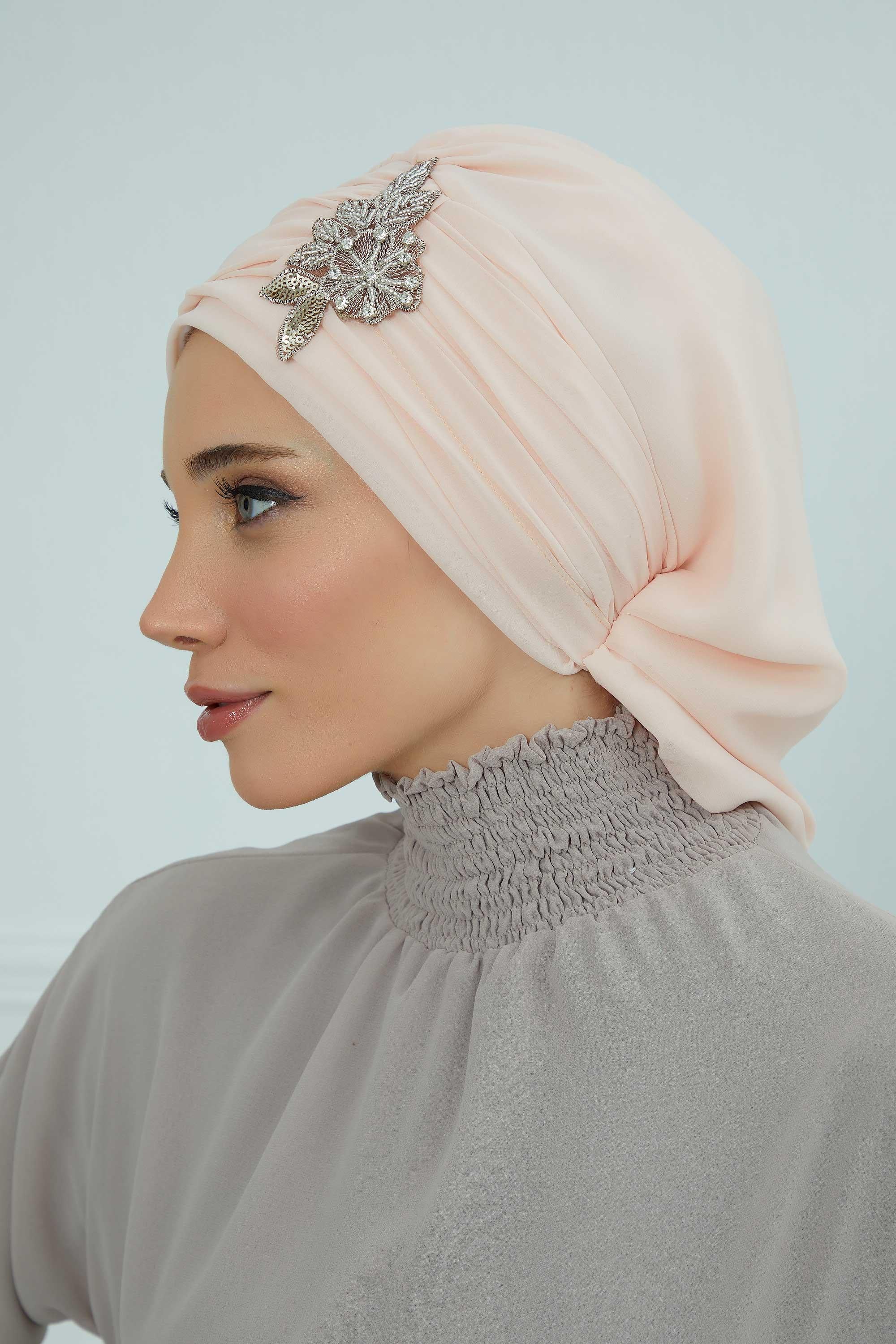 Side Frilled Instant Turban Chiffon Scarf Head Turbans with Unique Jewellery Stone Accessory For Women Headwear Stylish Design,HT-105