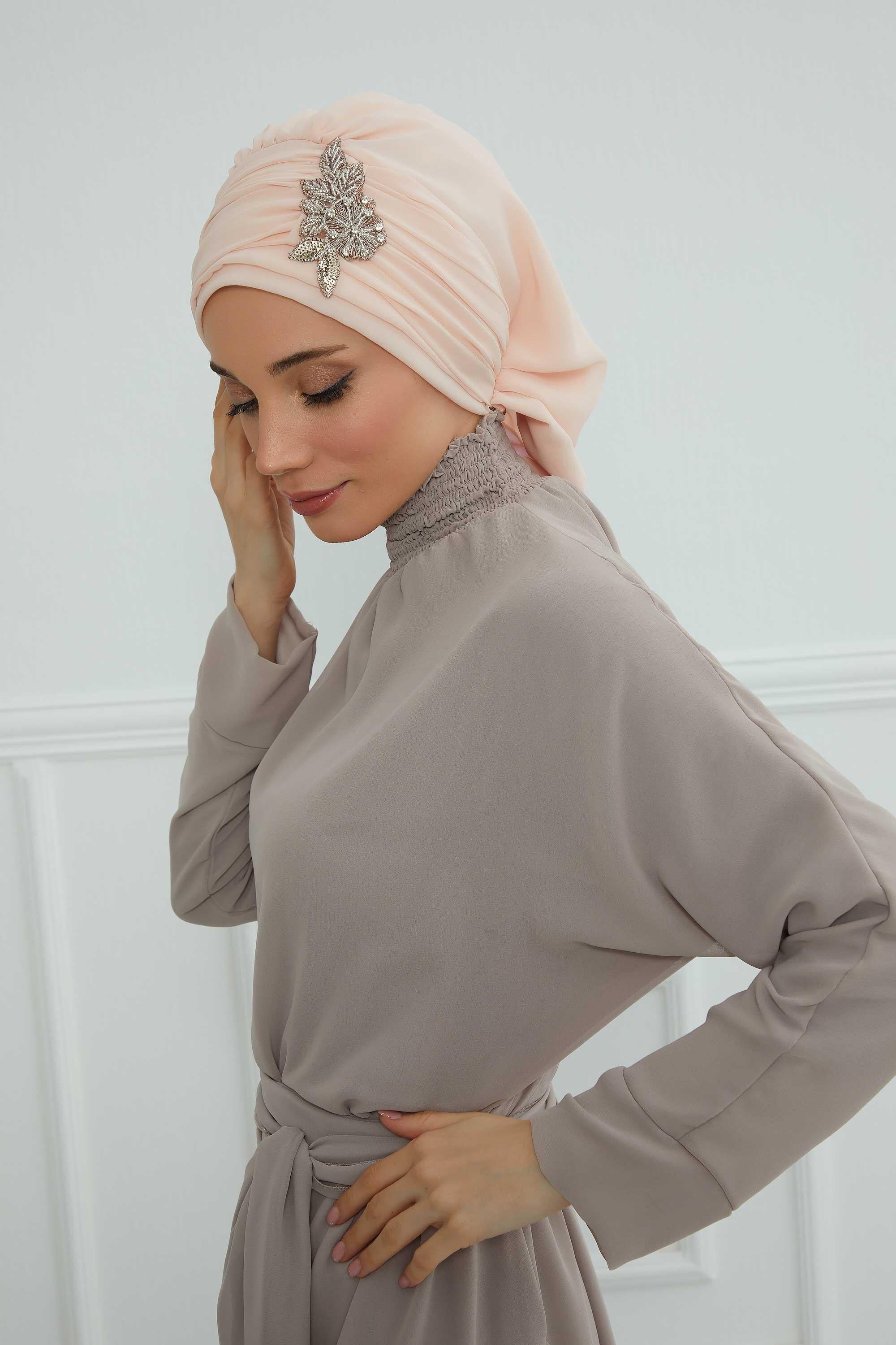 Side Frilled Instant Turban Chiffon Scarf Head Turbans with Unique Jewellery Stone Accessory For Women Headwear Stylish Design,HT-105