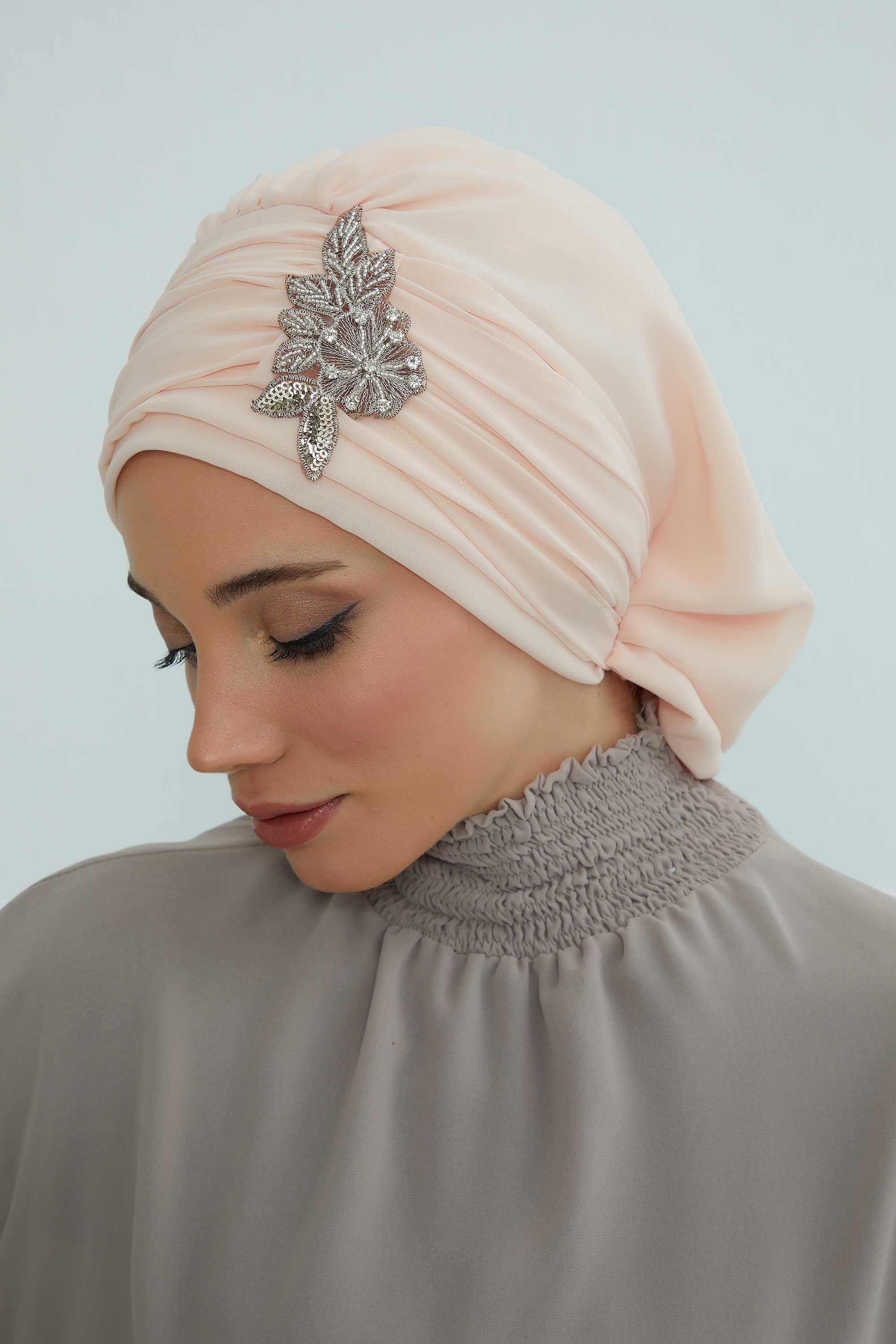 Side Frilled Instant Turban Chiffon Scarf Head Turbans with Unique Jewellery Stone Accessory For Women Headwear Stylish Design,HT-105