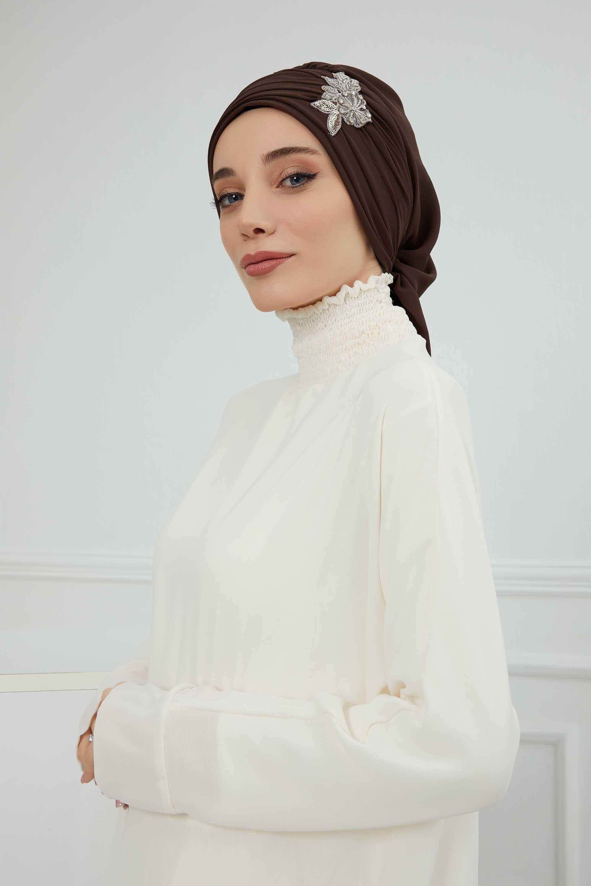 Side Frilled Instant Turban Chiffon Scarf Head Turbans with Unique Jewellery Stone Accessory For Women Headwear Stylish Design,HT-105 Brown