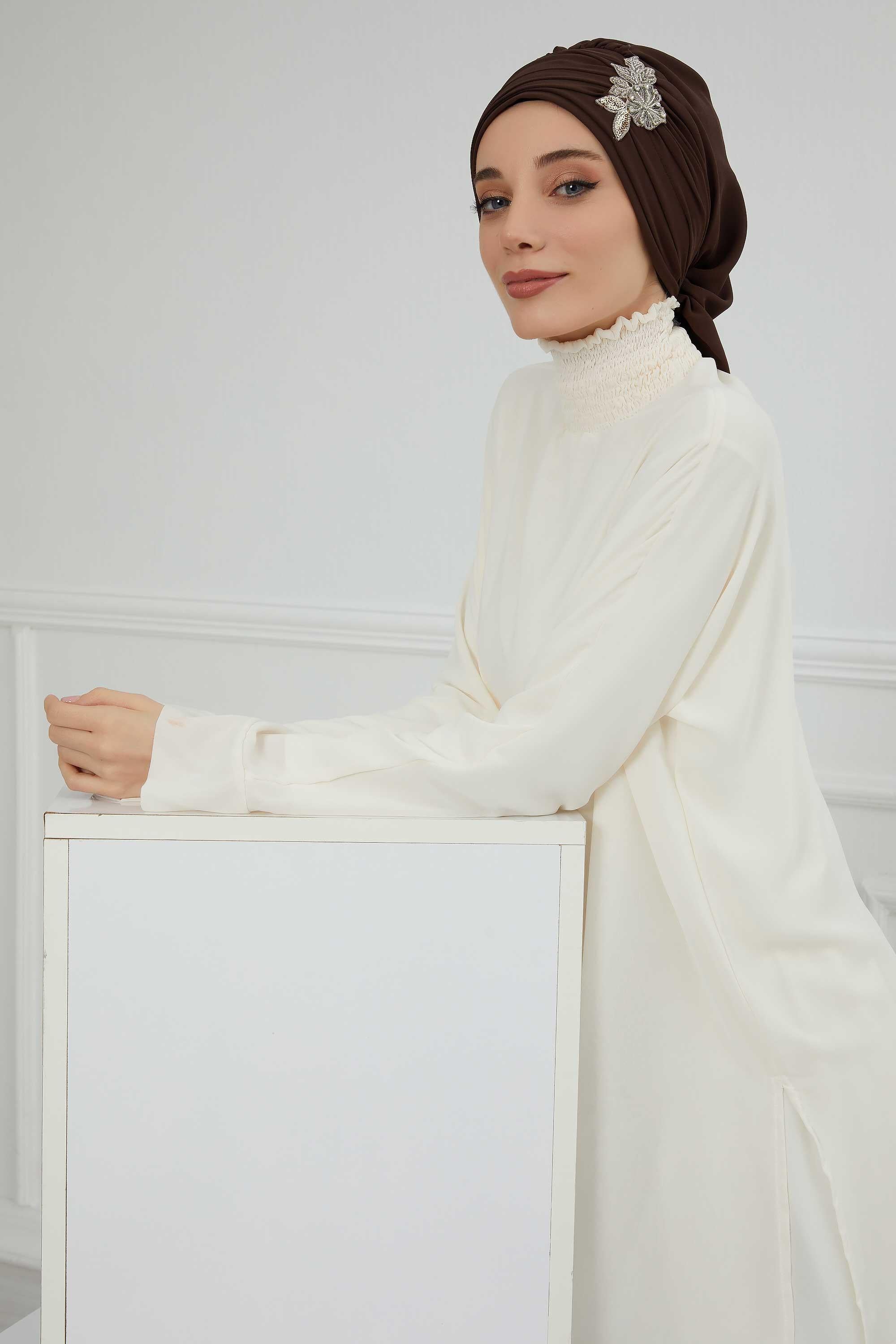 Side Frilled Instant Turban Chiffon Scarf Head Turbans with Unique Jewellery Stone Accessory For Women Headwear Stylish Design,HT-105