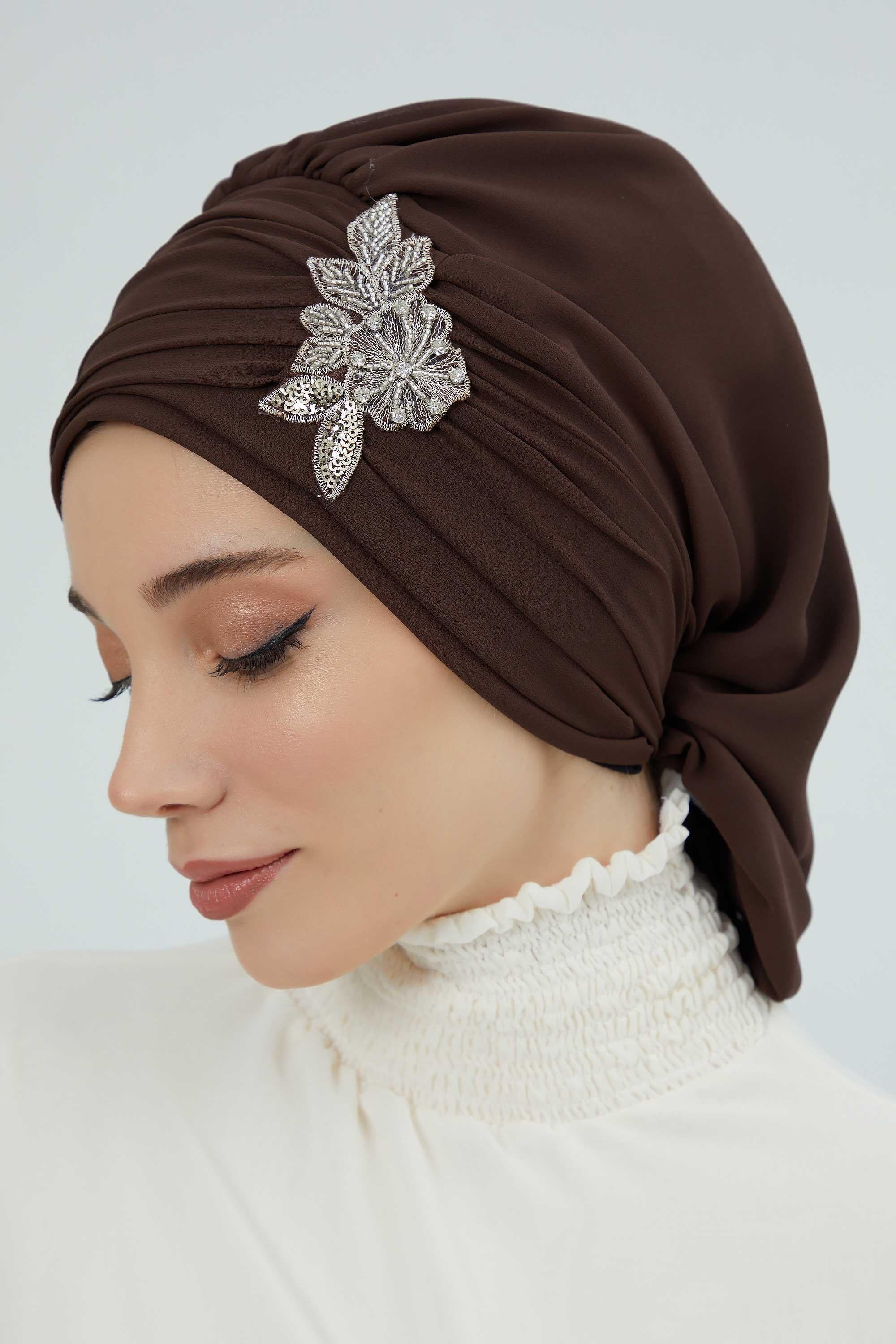 Side Frilled Instant Turban Chiffon Scarf Head Turbans with Unique Jewellery Stone Accessory For Women Headwear Stylish Design,HT-105
