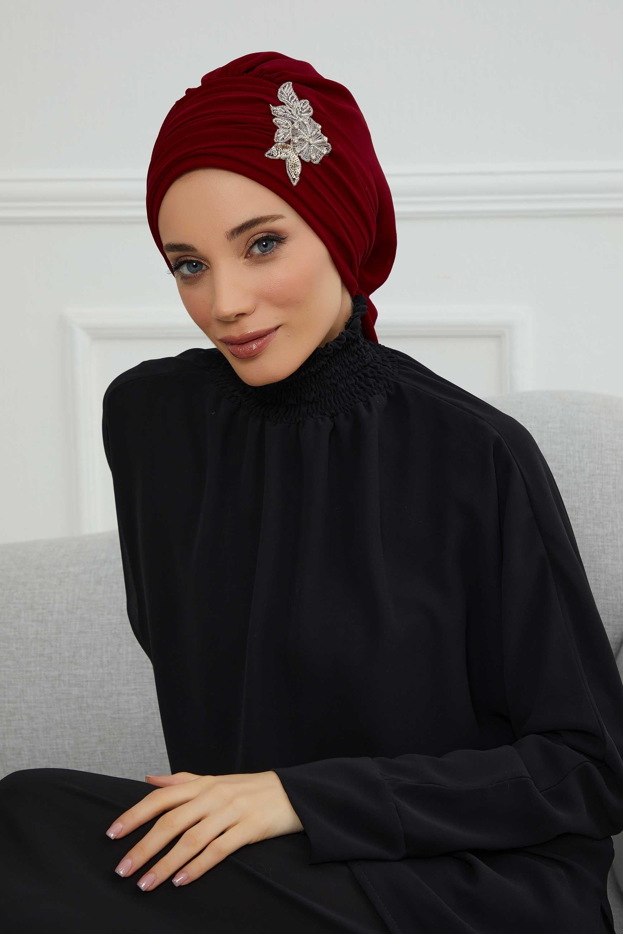 Side Frilled Instant Turban Chiffon Scarf Head Turbans with Unique Jewellery Stone Accessory For Women Headwear Stylish Design,HT-105 Maroon