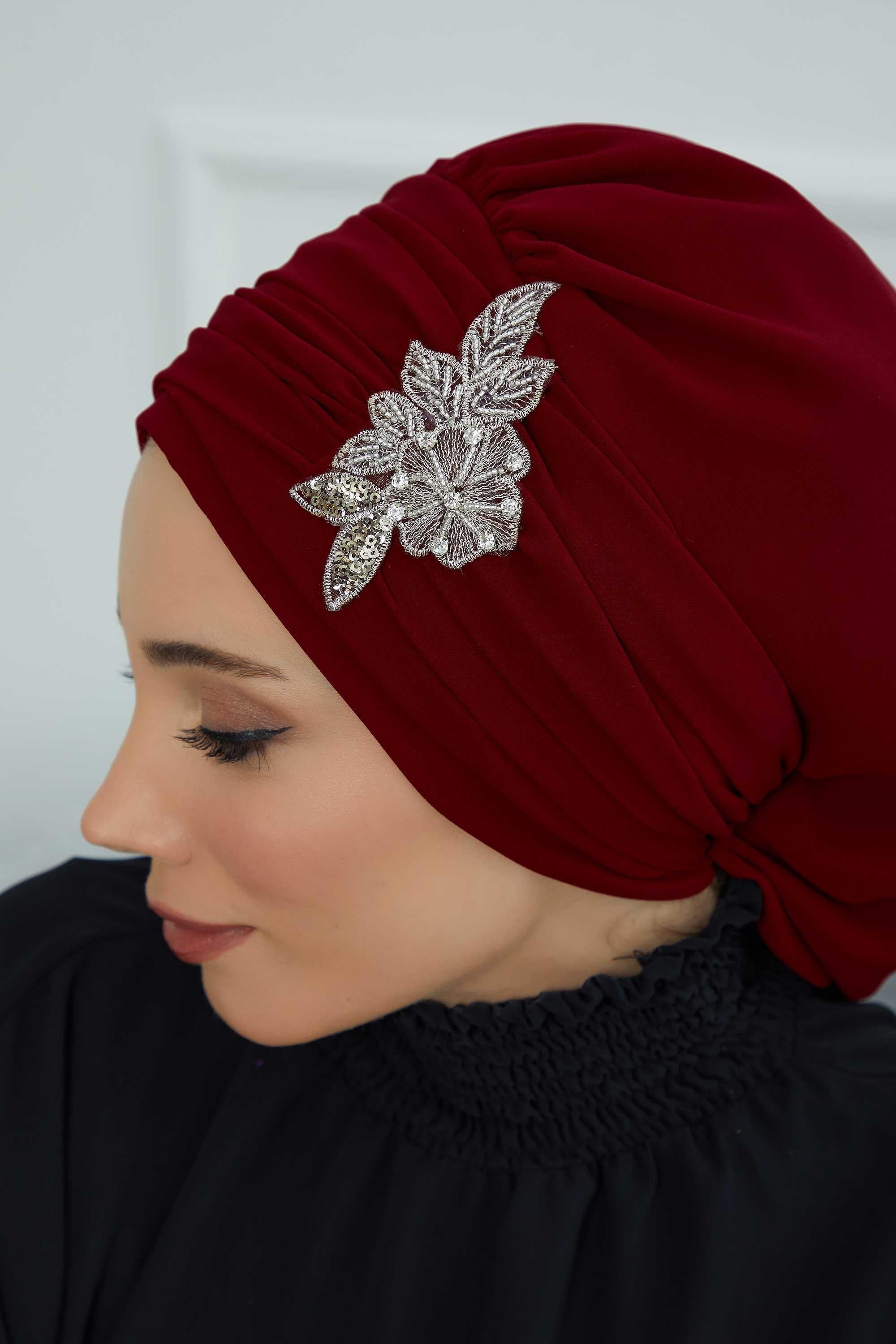 Side Frilled Instant Turban Chiffon Scarf Head Turbans with Unique Jewellery Stone Accessory For Women Headwear Stylish Design,HT-105