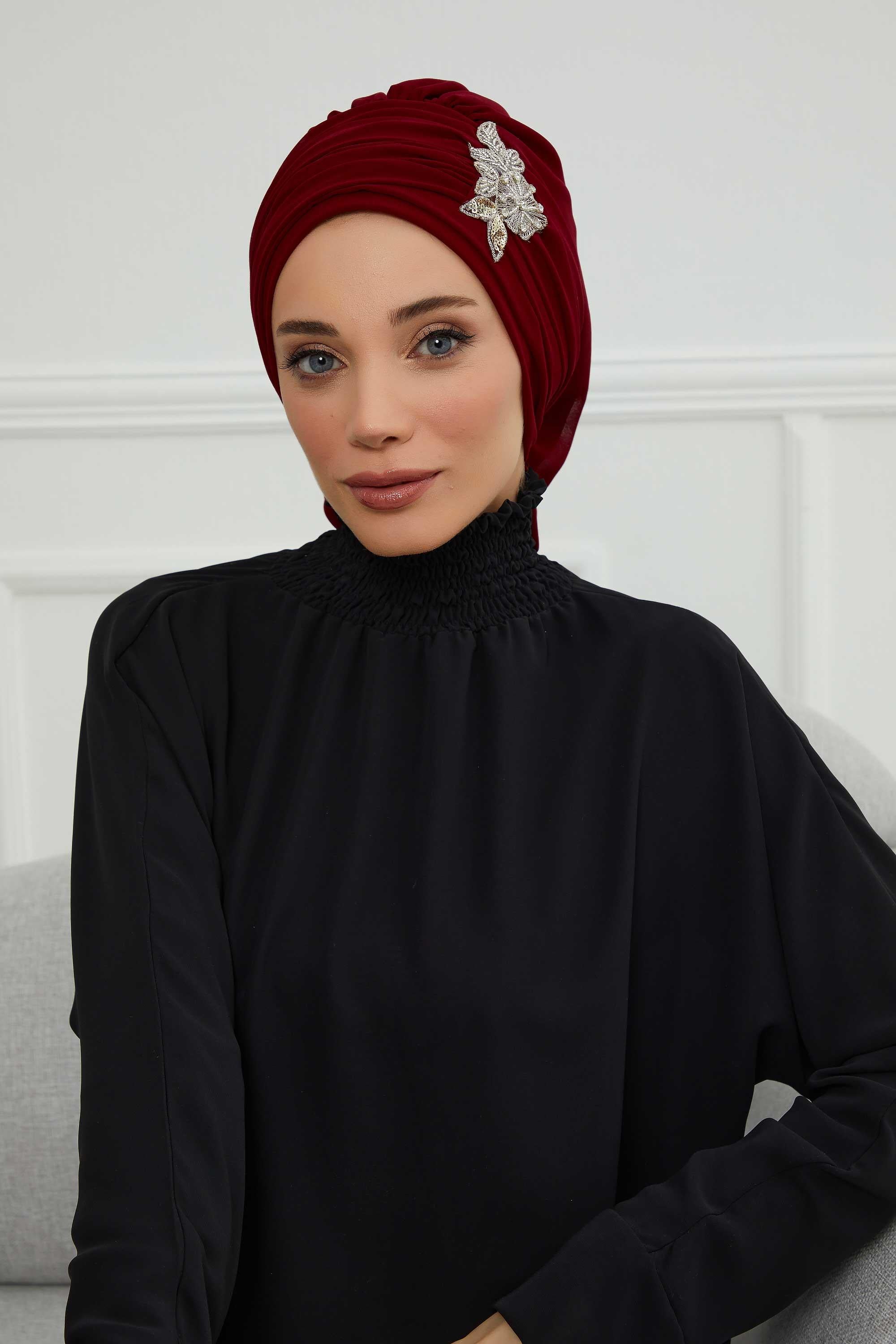 Side Frilled Instant Turban Chiffon Scarf Head Turbans with Unique Jewellery Stone Accessory For Women Headwear Stylish Design,HT-105