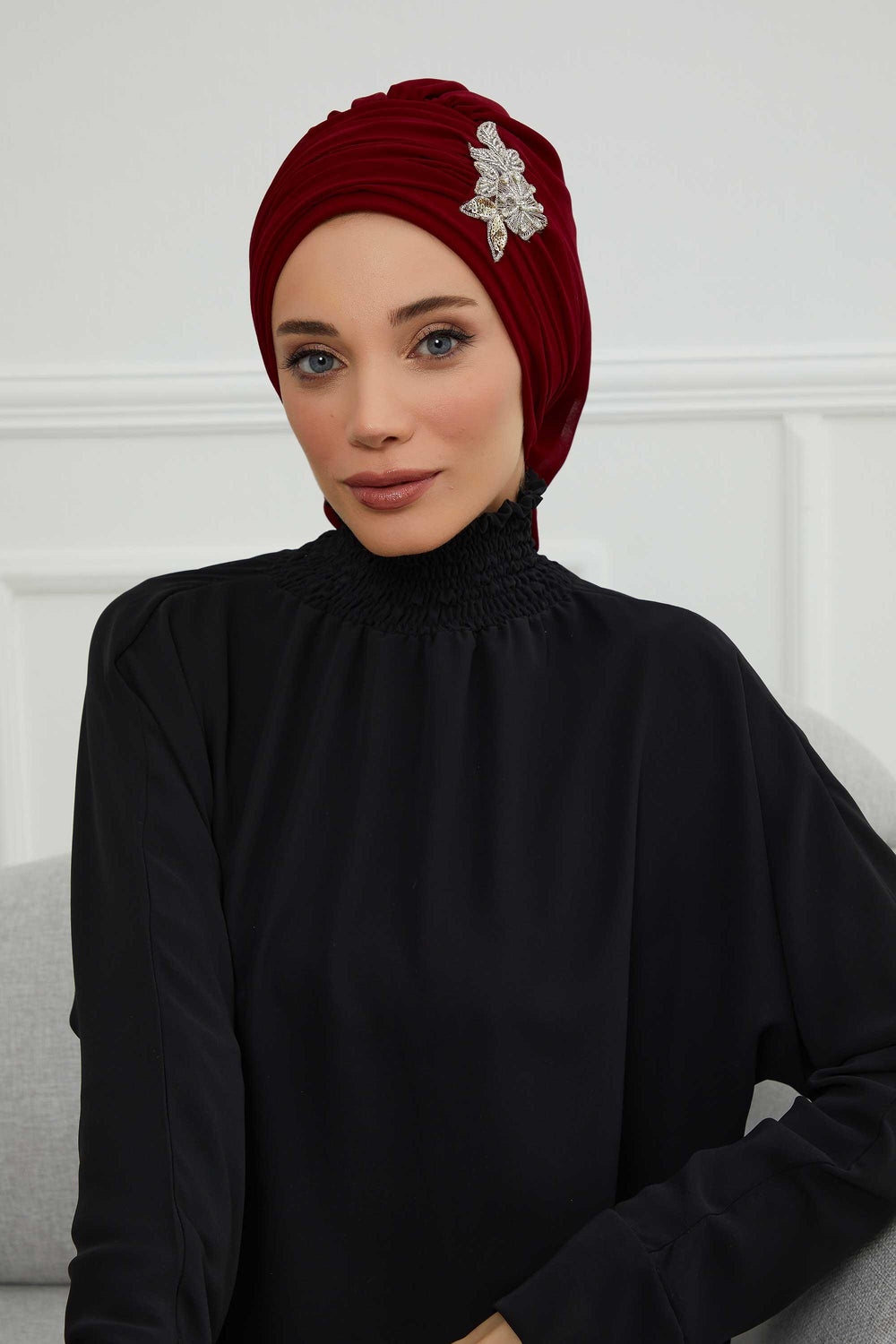 Side Frilled Instant Turban Chiffon Scarf Head Turbans with Unique Jewellery Stone Accessory For Women Headwear Stylish Design,HT-105