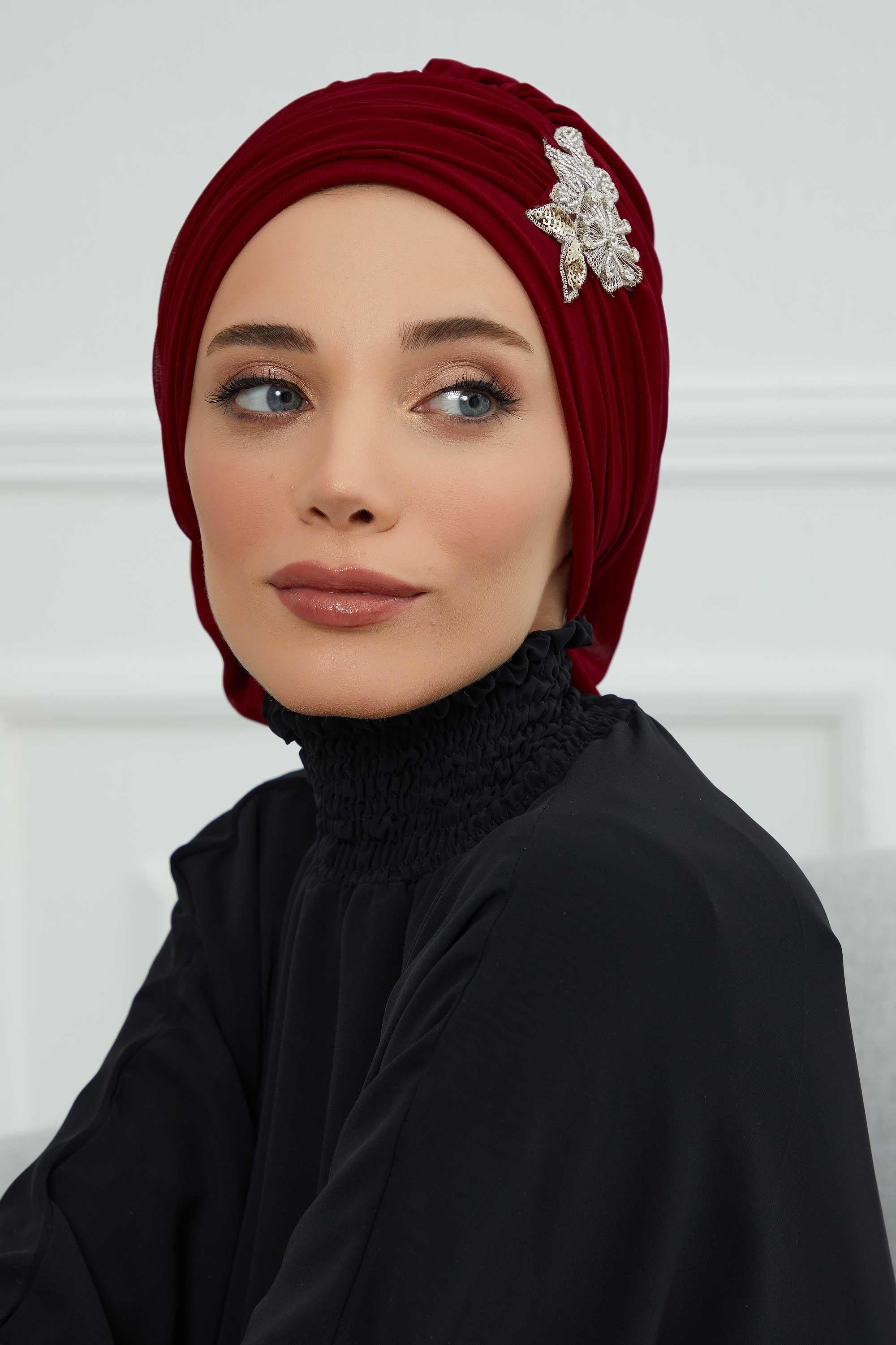 Side Frilled Instant Turban Chiffon Scarf Head Turbans with Unique Jewellery Stone Accessory For Women Headwear Stylish Design,HT-105