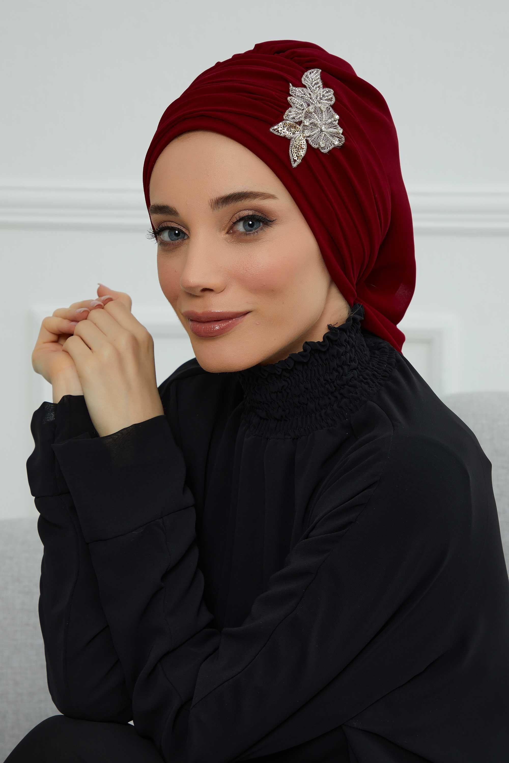 Side Frilled Instant Turban Chiffon Scarf Head Turbans with Unique Jewellery Stone Accessory For Women Headwear Stylish Design,HT-105