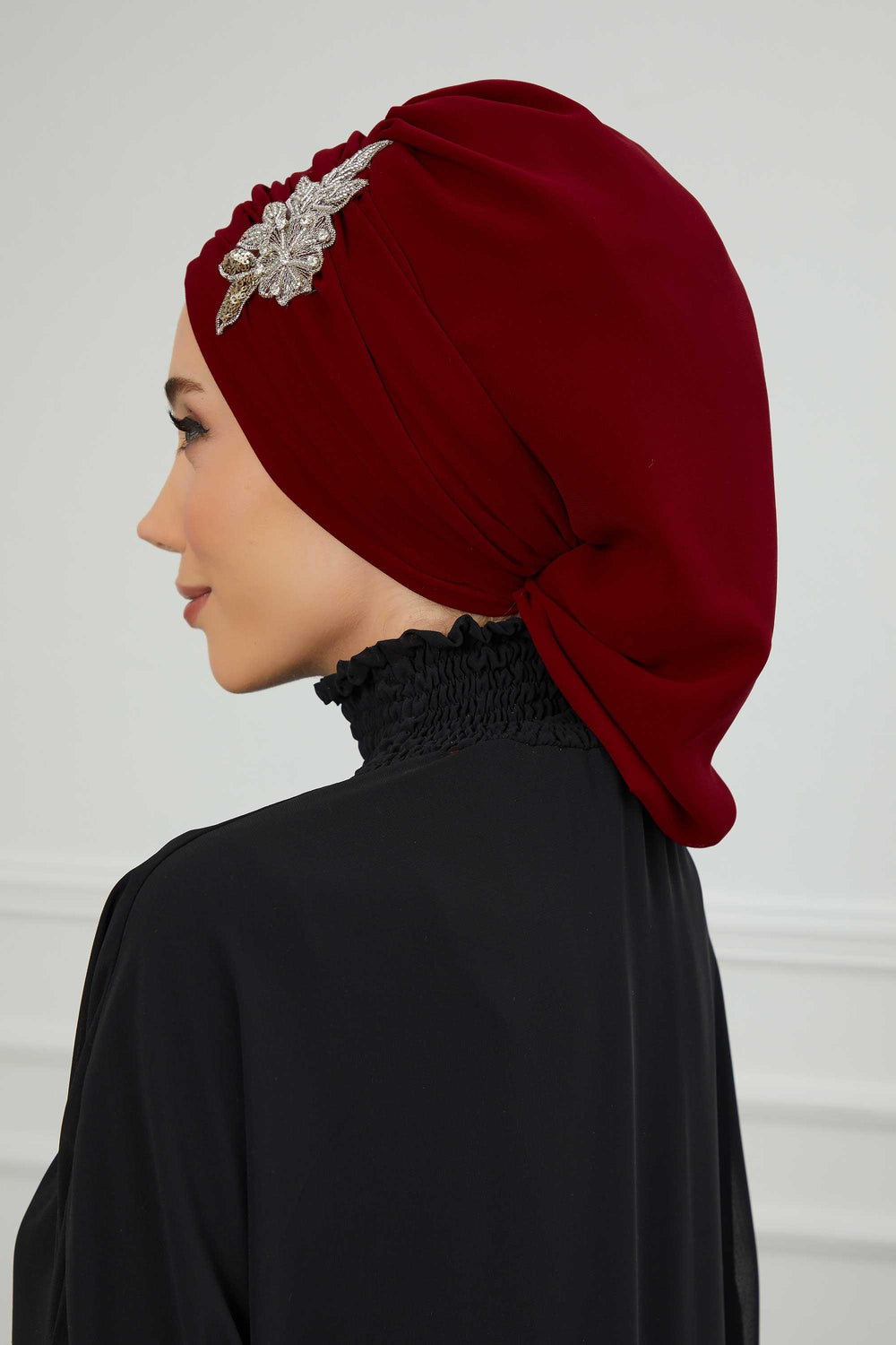 Side Frilled Instant Turban Chiffon Scarf Head Turbans with Unique Jewellery Stone Accessory For Women Headwear Stylish Design,HT-105