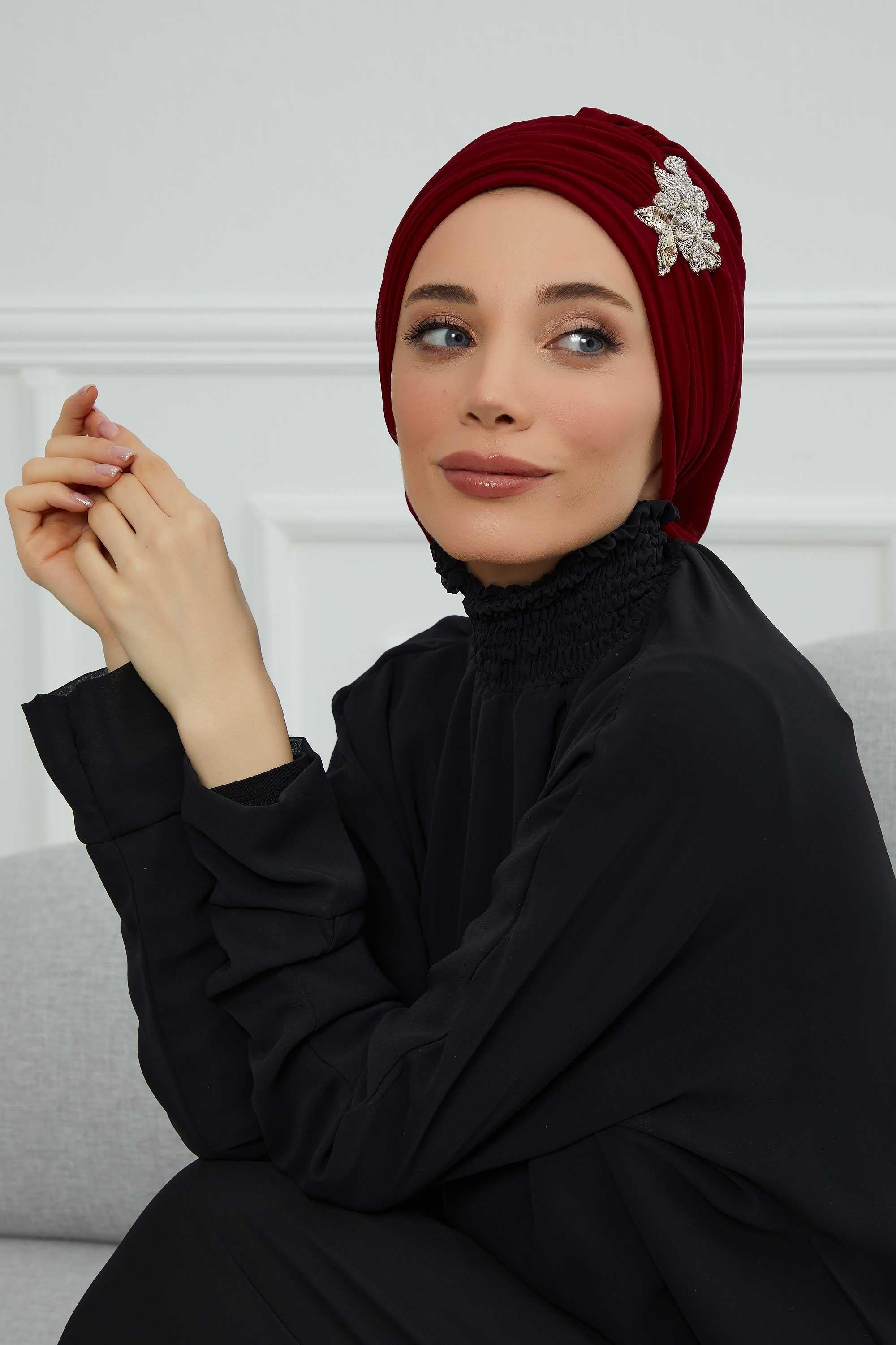 Side Frilled Instant Turban Chiffon Scarf Head Turbans with Unique Jewellery Stone Accessory For Women Headwear Stylish Design,HT-105