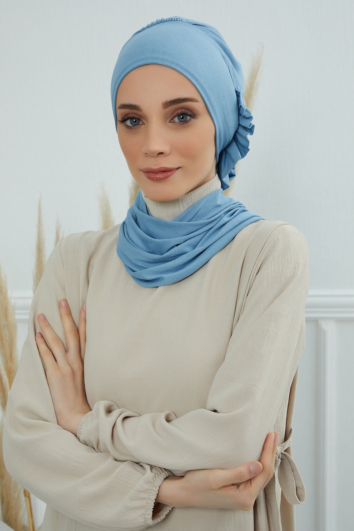 Side Frilled Instant Turban Cotton Headscarf for Women Turban Gift with Beautiful Design, Easy to Wear Muslim Ruffled Headscarf Cover,HT-73 Blue
