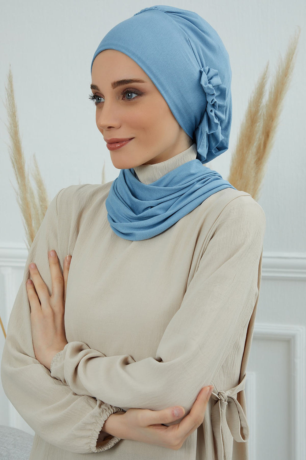 Side Frilled Instant Turban Cotton Headscarf for Women Turban Gift with Beautiful Design, Easy to Wear Muslim Ruffled Headscarf Cover,HT-73 Blue